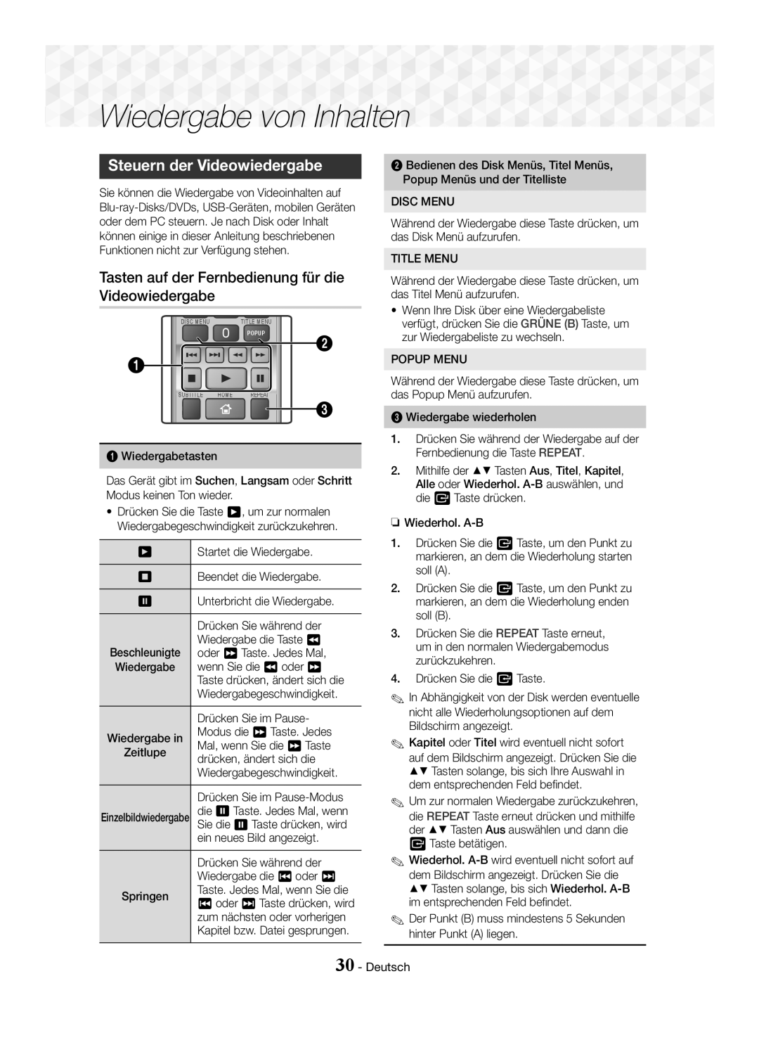 Samsung HT-J5500/ZF manual Wiedergabe von Inhalten, Steuern der Videowiedergabe, Tasten auf der Fernbedienung für die 