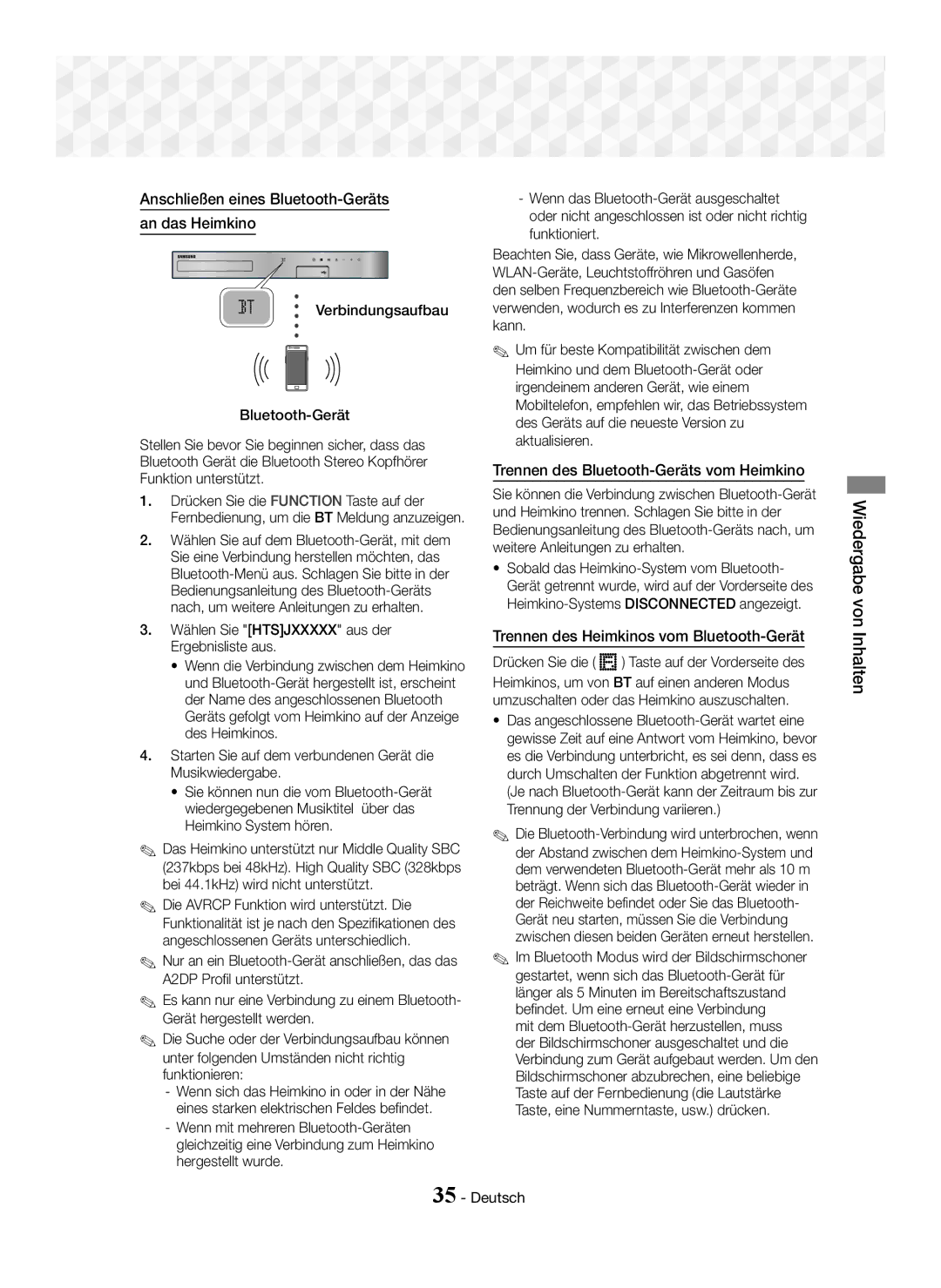 Samsung HT-J5550W/ZF manual Anschließen eines Bluetooth-Geräts An das Heimkino, Trennen des Bluetooth-Geräts vom Heimkino 