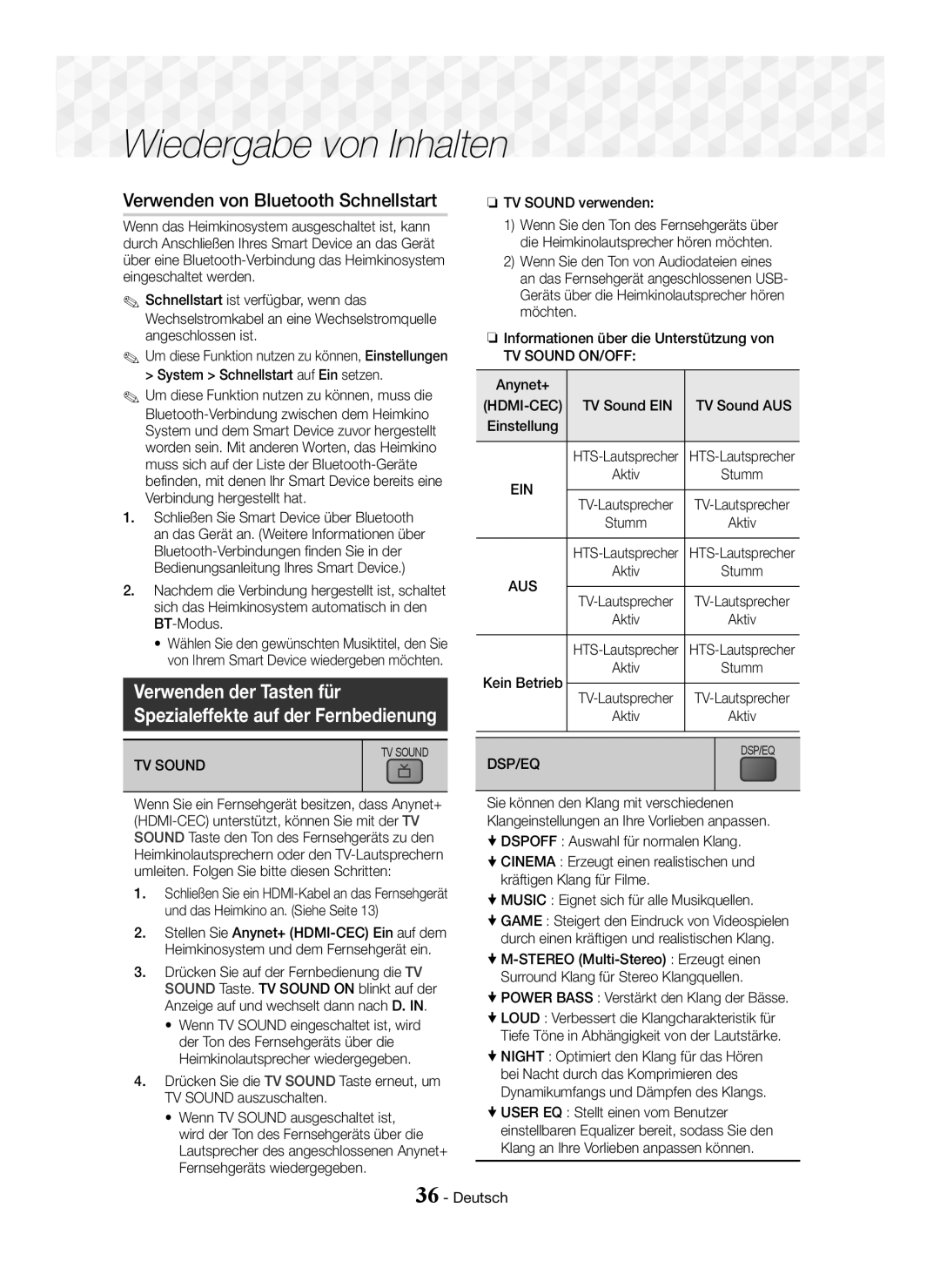 Samsung HT-J5500/ZF, HT-J5500/EN manual Verwenden von Bluetooth Schnellstart, Verwenden der Tasten für, TV Sound ON/OFF 