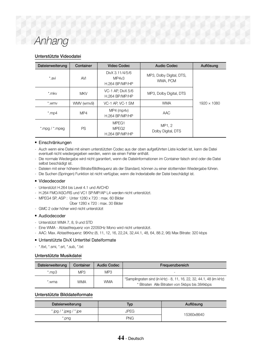 Samsung HT-J5500/XE Unterstützte Videodatei,  Einschränkungen,  Videodecoder,  Audiodecoder, Unterstützte Musikdatei 