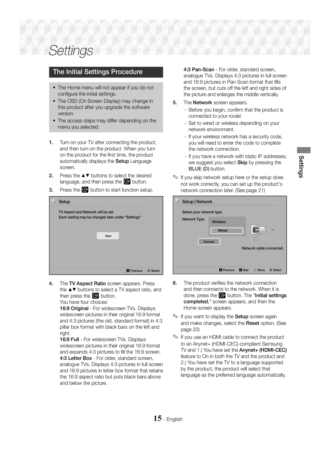 Samsung HT-J5500/ZF, HT-J5500/EN, HT-J5550W/EN Initial Settings Procedure, Press the E button to start function setup 