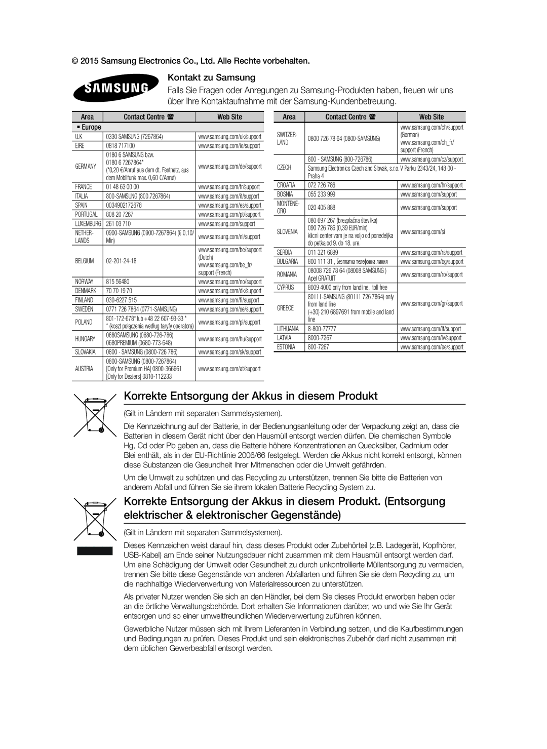 Samsung HT-J5550W/EN, HT-J5500/EN, HT-J5550W/ZF manual Korrekte Entsorgung der Akkus in diesem Produkt, Kontakt zu Samsung 