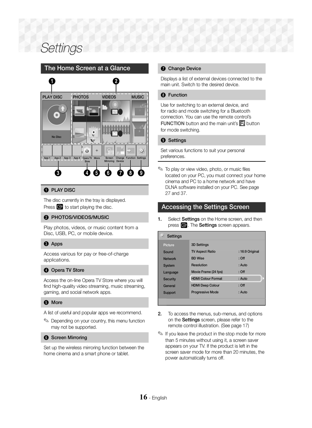 Samsung HT-J5550W/XE, HT-J5500/EN Home Screen at a Glance, Accessing the Settings Screen, Play Disc, Photos/Videos/Music 