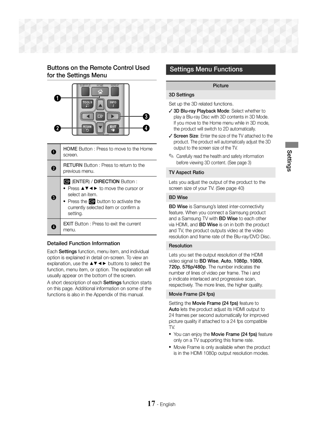 Samsung HT-J5500/XE, HT-J5500/EN manual Buttons on the Remote Control Used for the Settings Menu, Settings Menu Functions 