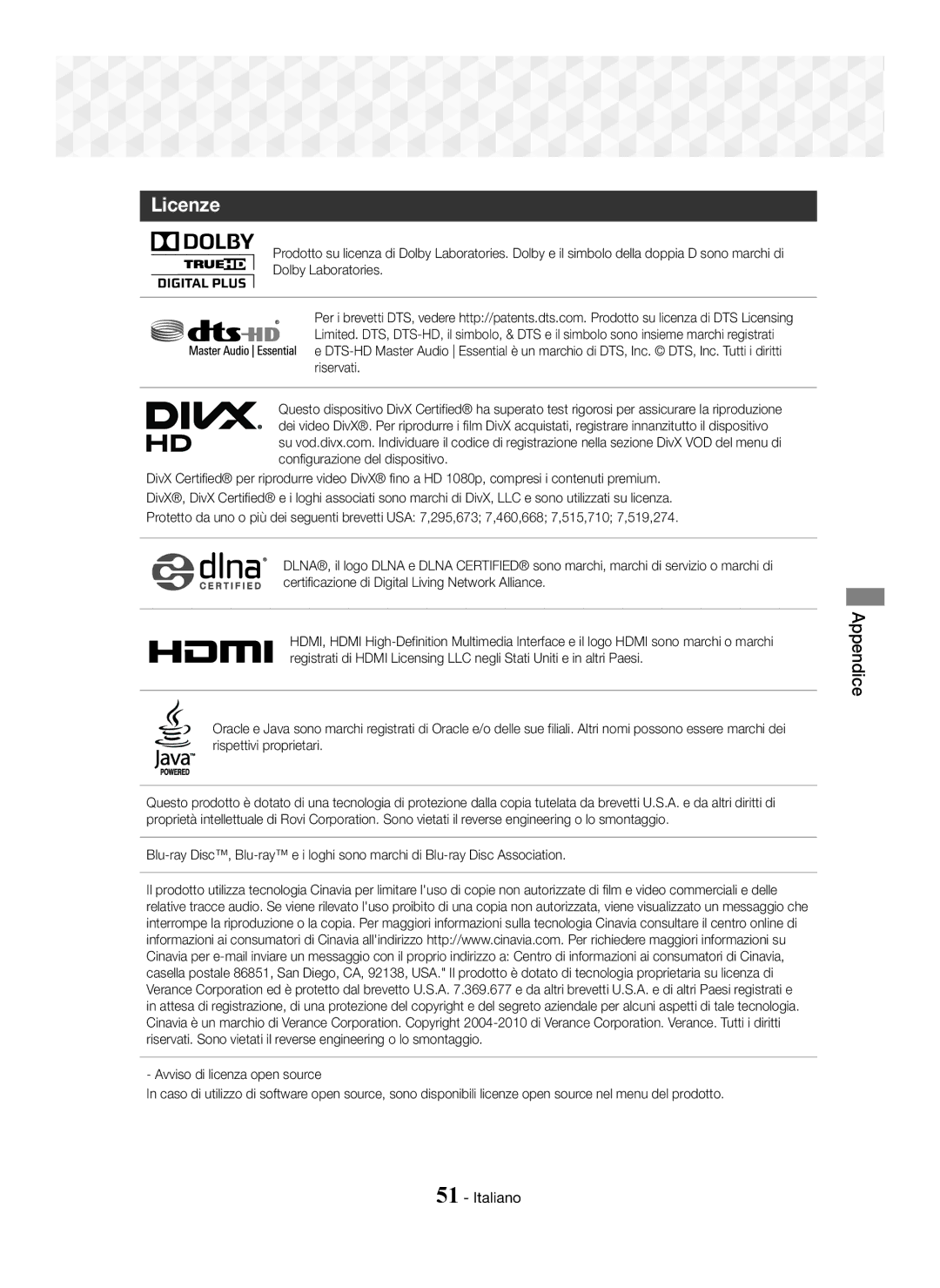 Samsung HT-J5550W/XE, HT-J5500/EN, HT-J5550W/EN, HT-J5550W/ZF, HT-J5500/ZF, HT-J5500/XE manual Licenze 