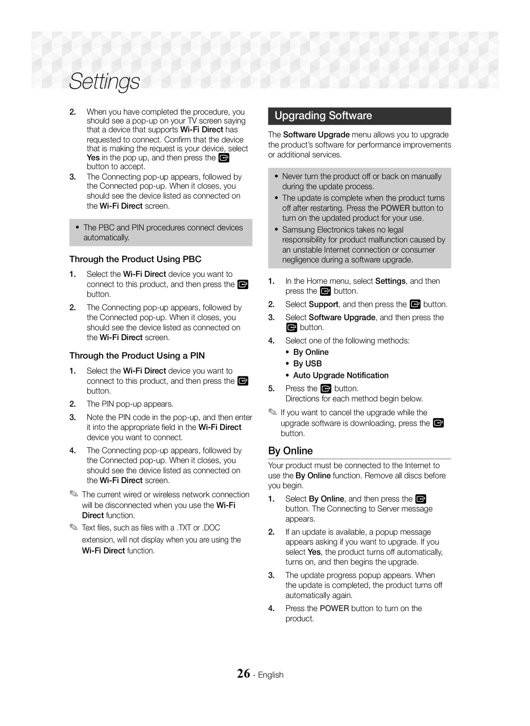 Samsung HT-J5550W/ZF manual Upgrading Software, By Online, Through the Product Using PBC, Through the Product Using a PIN 