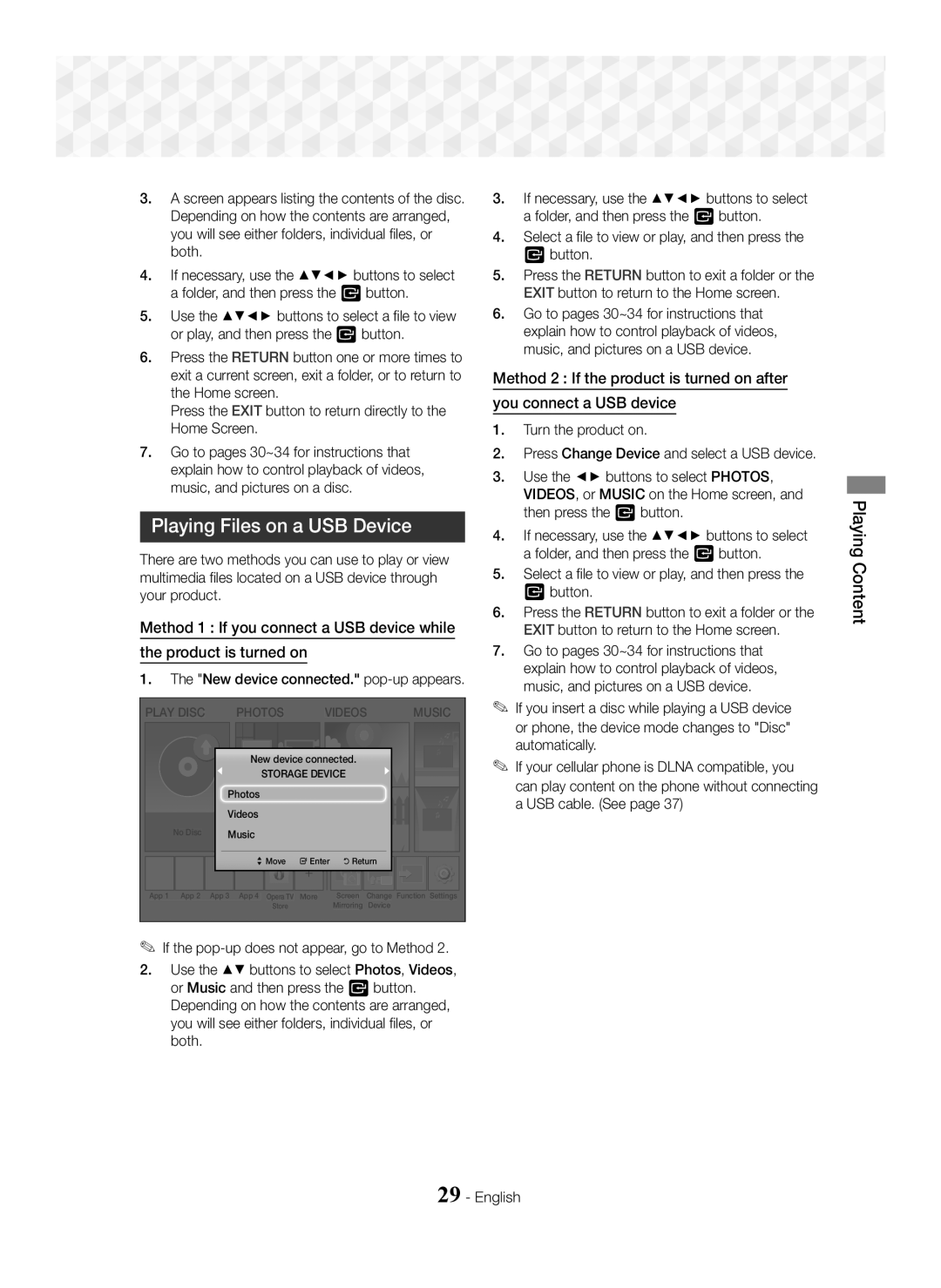 Samsung HT-J5500/XE, HT-J5500/EN manual Playing Files on a USB Device, Playing Content, New device connected. pop-up appears 