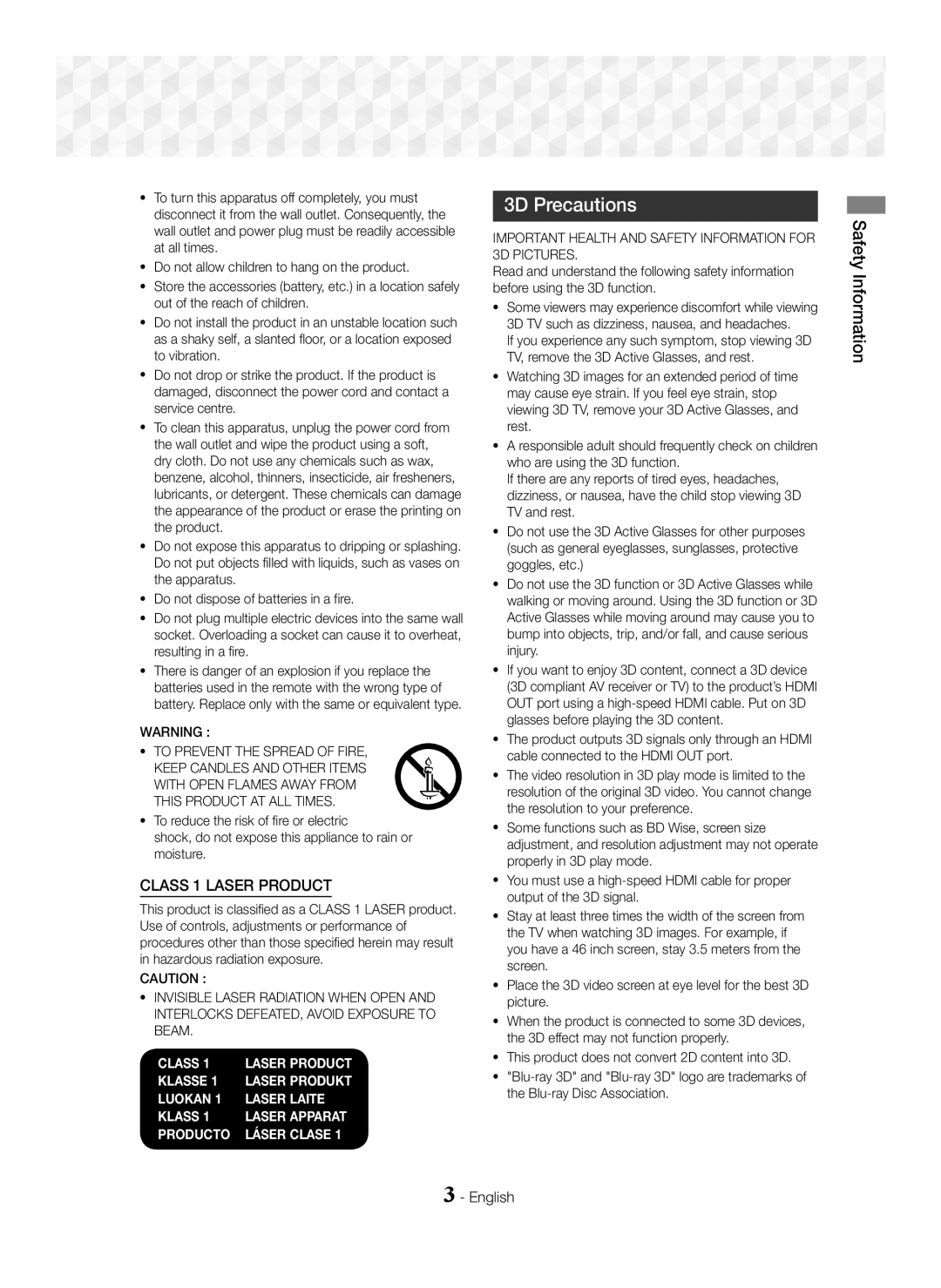 Samsung HT-J5500/ZF, HT-J5500/EN, HT-J5550W/EN 3D Precautions, Important Health and Safety Information for 3D Pictures 