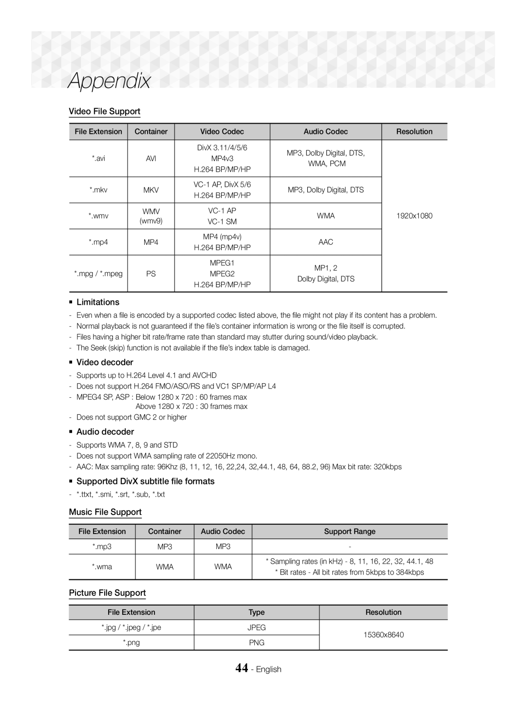 Samsung HT-J5550W/ZF, HT-J5500/EN Video File Support,  Limitations,  Video decoder,  Audio decoder, Music File Support 