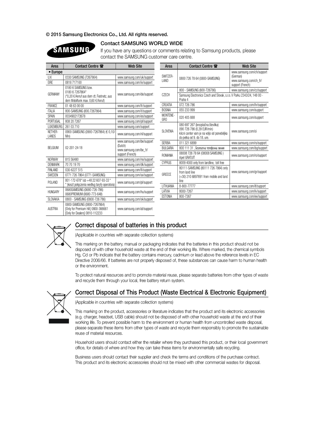 Samsung HT-J5500/XE, HT-J5500/EN, HT-J5500/ZF Correct disposal of batteries in this product, Area Contact Centre  Web Site 