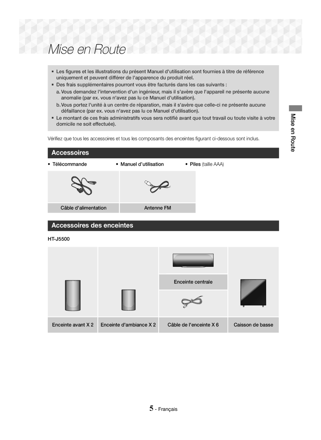 Samsung HT-J5550W/XE, HT-J5500/EN manual Accessoires des enceintes, Mise en Route, Télécommande Manuel d’utilisation 