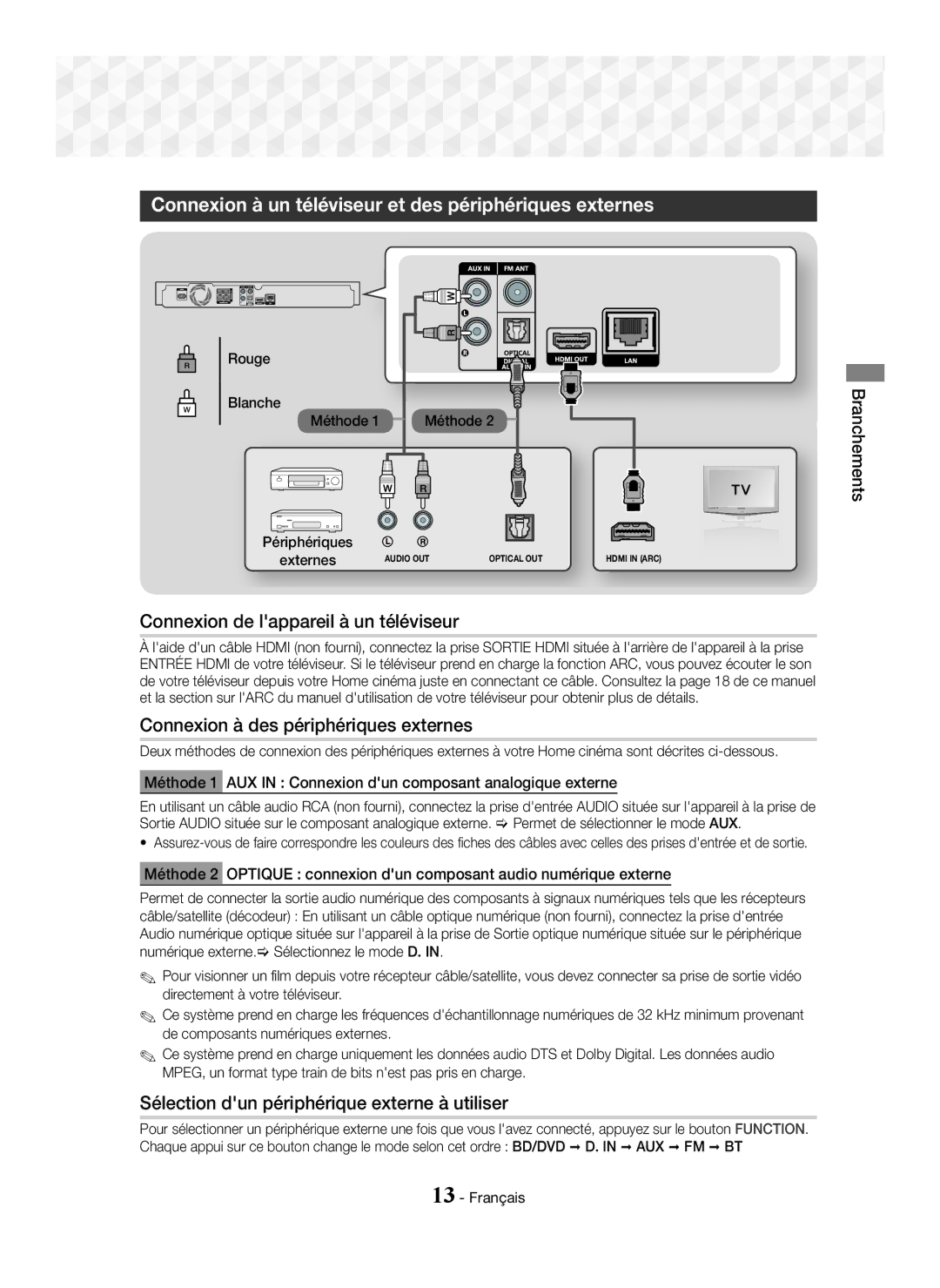 Samsung HT-J5500/EN manual Connexion à un téléviseur et des périphériques externes, Connexion de lappareil à un téléviseur 