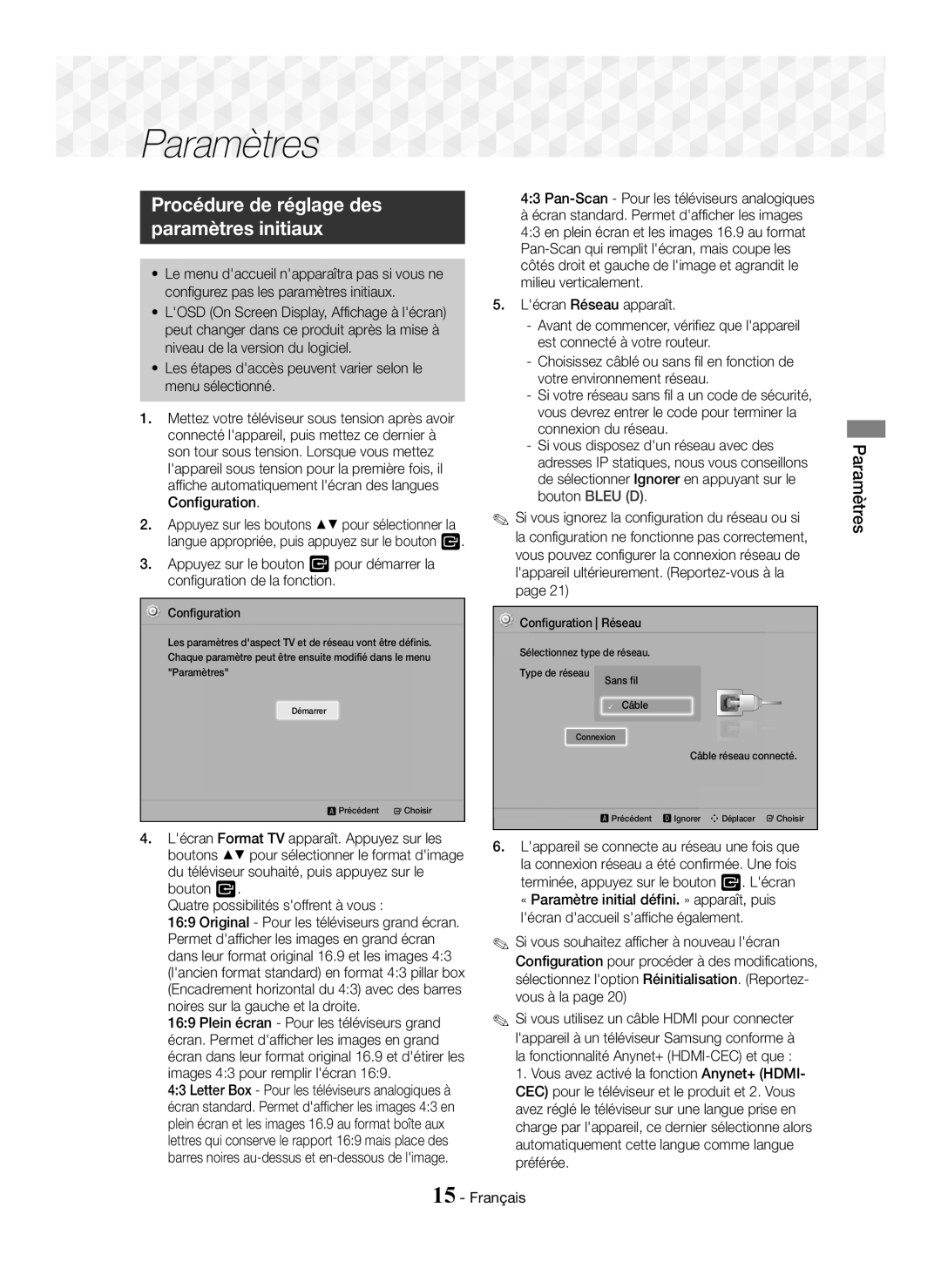 Samsung HT-J5550W/ZF manual Procédure de réglage des Paramètres initiaux, Pan-Scan Pour les téléviseurs analogiques 