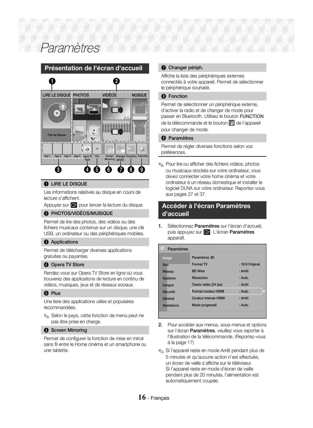 Samsung HT-J5500/ZF manual Présentation de lécran daccueil, Accéder à lécran Paramètres Daccueil, Lire LE Disque, Musique 