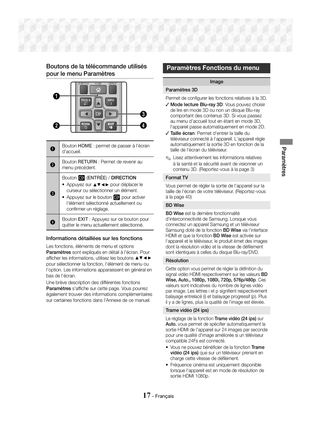 Samsung HT-J5550W/XE manual Boutons de la télécommande utilisés pour le menu Paramètres, Paramètres Fonctions du menu 