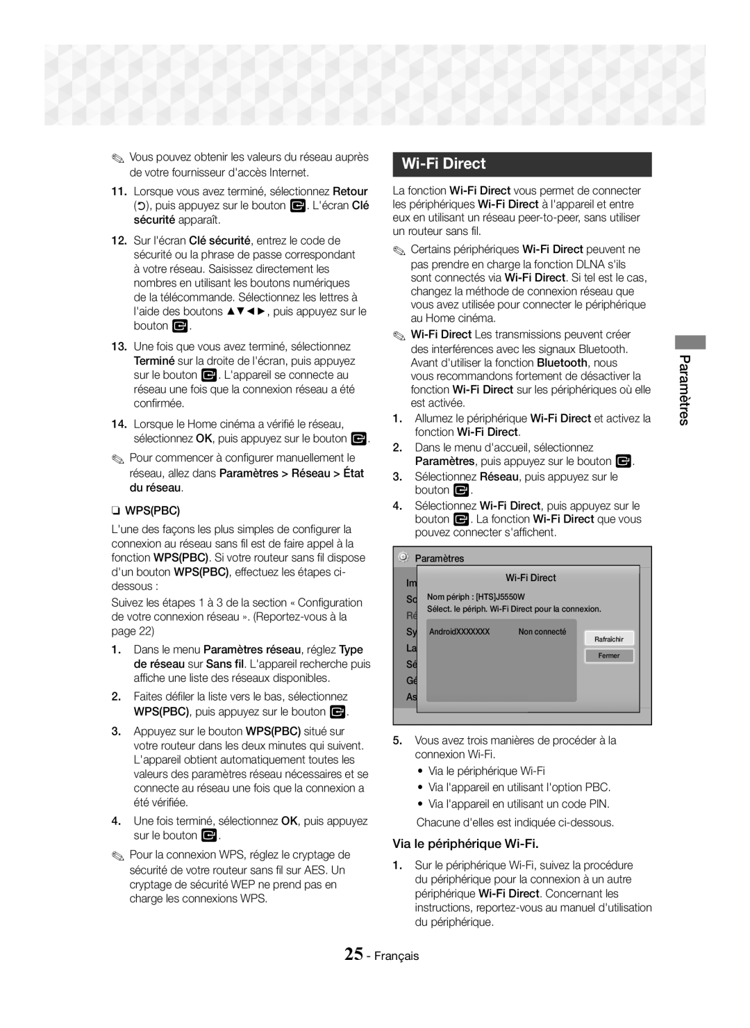 Samsung HT-J5500/EN, HT-J5550W/EN, HT-J5550W/ZF, HT-J5500/ZF manual Via le périphérique Wi-Fi, Paramètres Wi-Fi Direct 