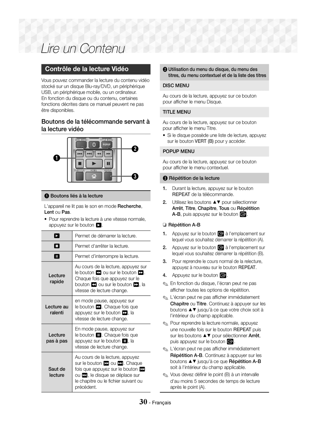 Samsung HT-J5500/XE Lire un Contenu, Contrôle de la lecture Vidéo, Boutons de la télécommande servant à la lecture vidéo 