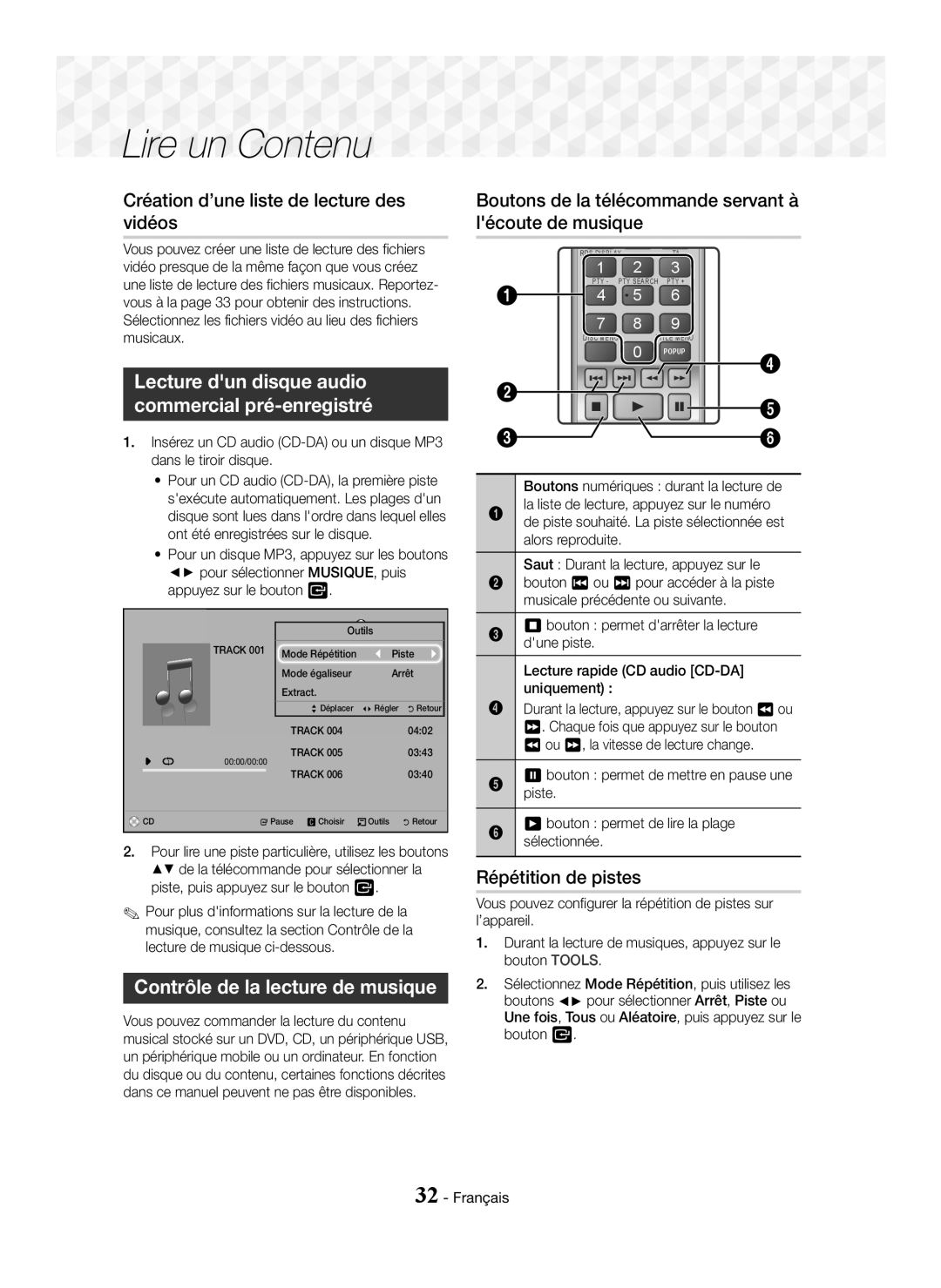 Samsung HT-J5550W/EN manual Création d’une liste de lecture des vidéos, Lecture dun disque audio Commercial pré-enregistré 