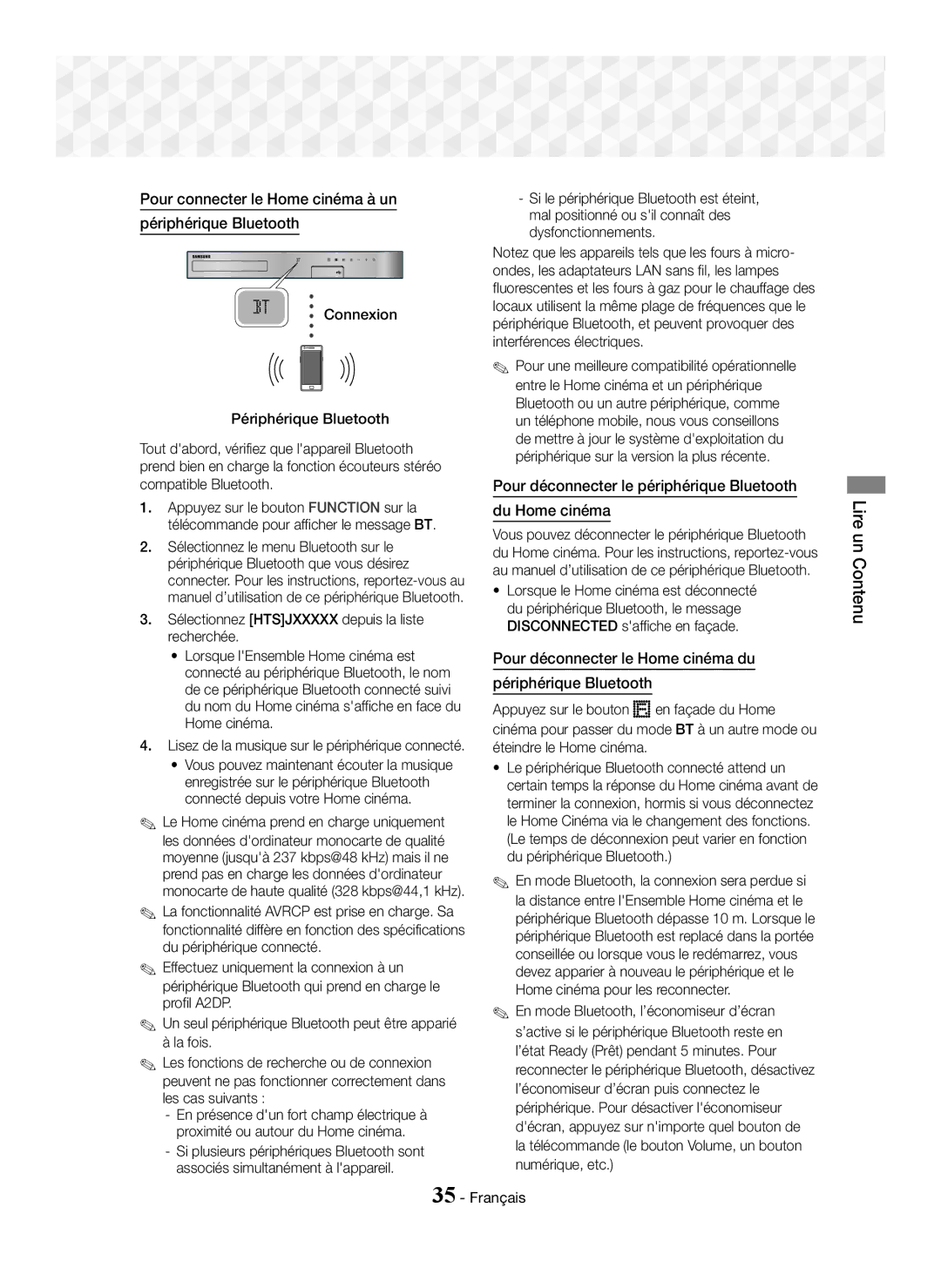 Samsung HT-J5550W/XE, HT-J5500/EN, HT-J5550W/EN, HT-J5550W/ZF manual Pour connecter le Home cinéma à un Périphérique Bluetooth 