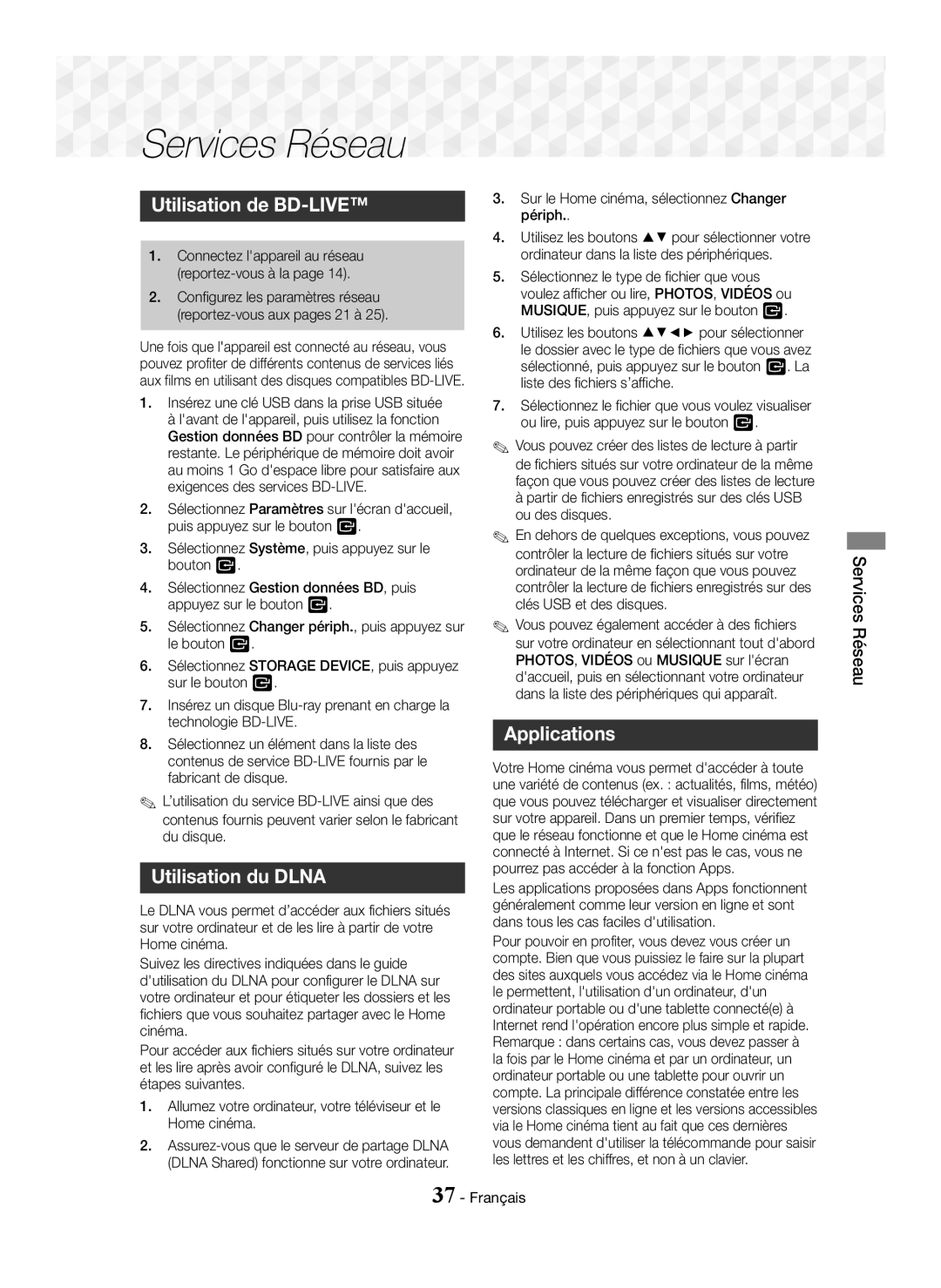 Samsung HT-J5500/EN, HT-J5550W/EN, HT-J5550W/ZF Services Réseau, Utilisation de BD-LIVE, Applications, Utilisation du Dlna 