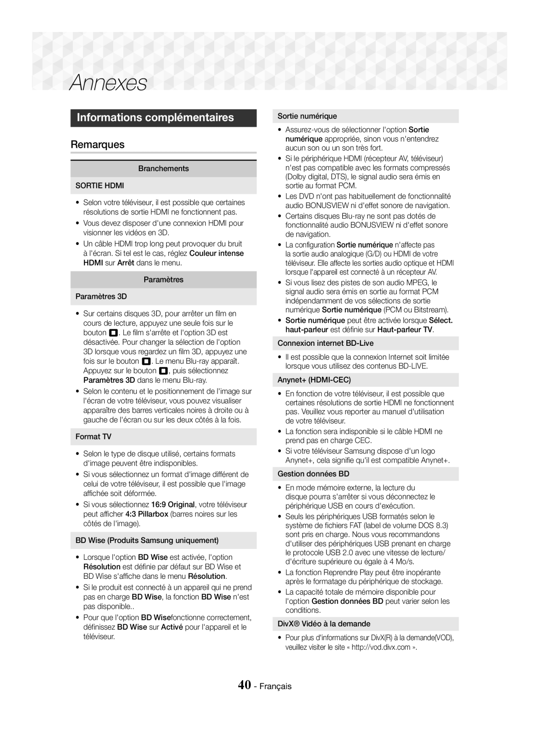 Samsung HT-J5500/ZF, HT-J5500/EN, HT-J5550W/EN, HT-J5550W/ZF manual Informations complémentaires, Remarques, Sortie Hdmi 