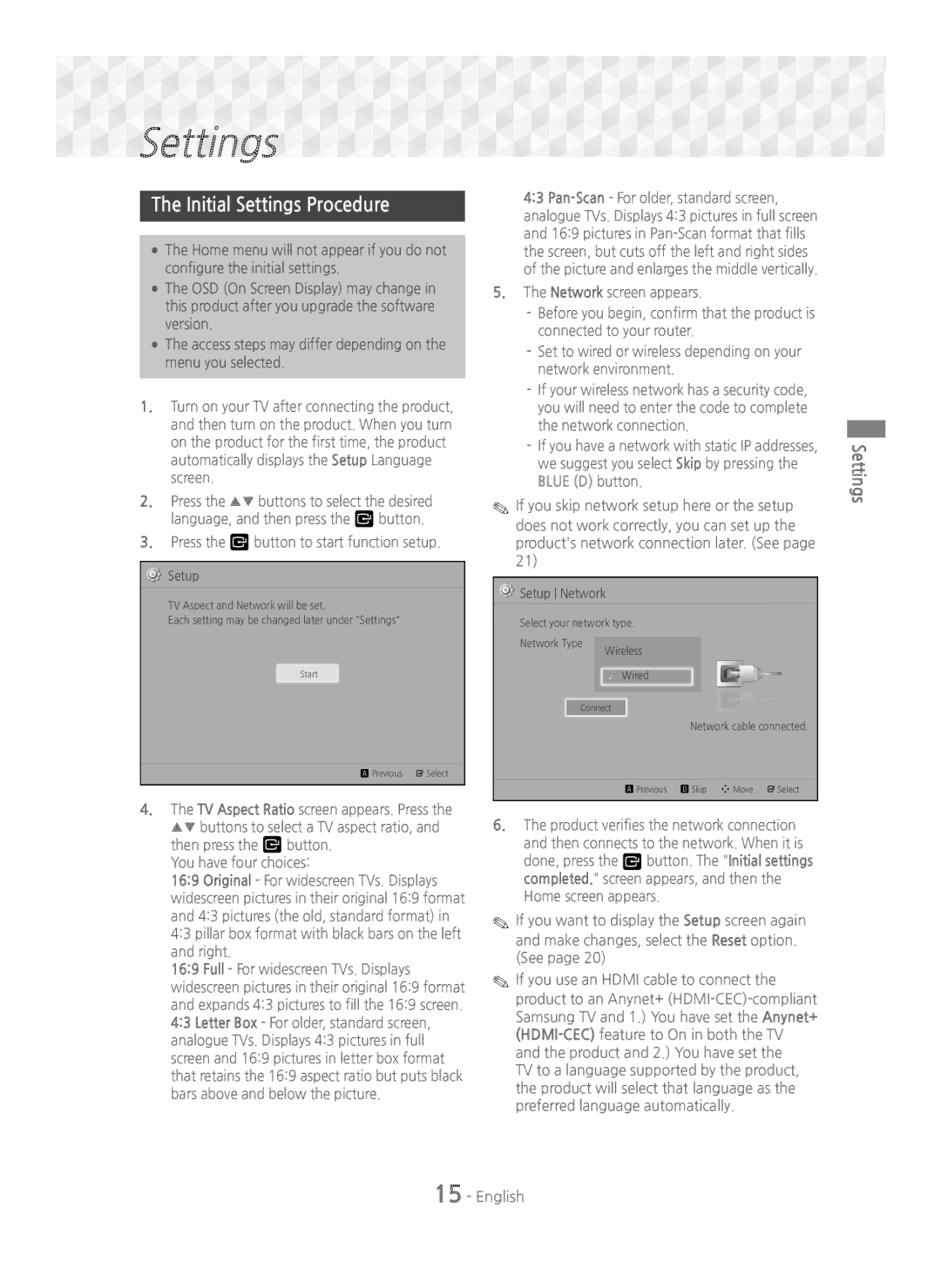 Samsung HT-J5500/ZF, HT-J5500/EN, HT-J5550W/EN manual Initial Settings Procedure, Press the E button to start function setup 