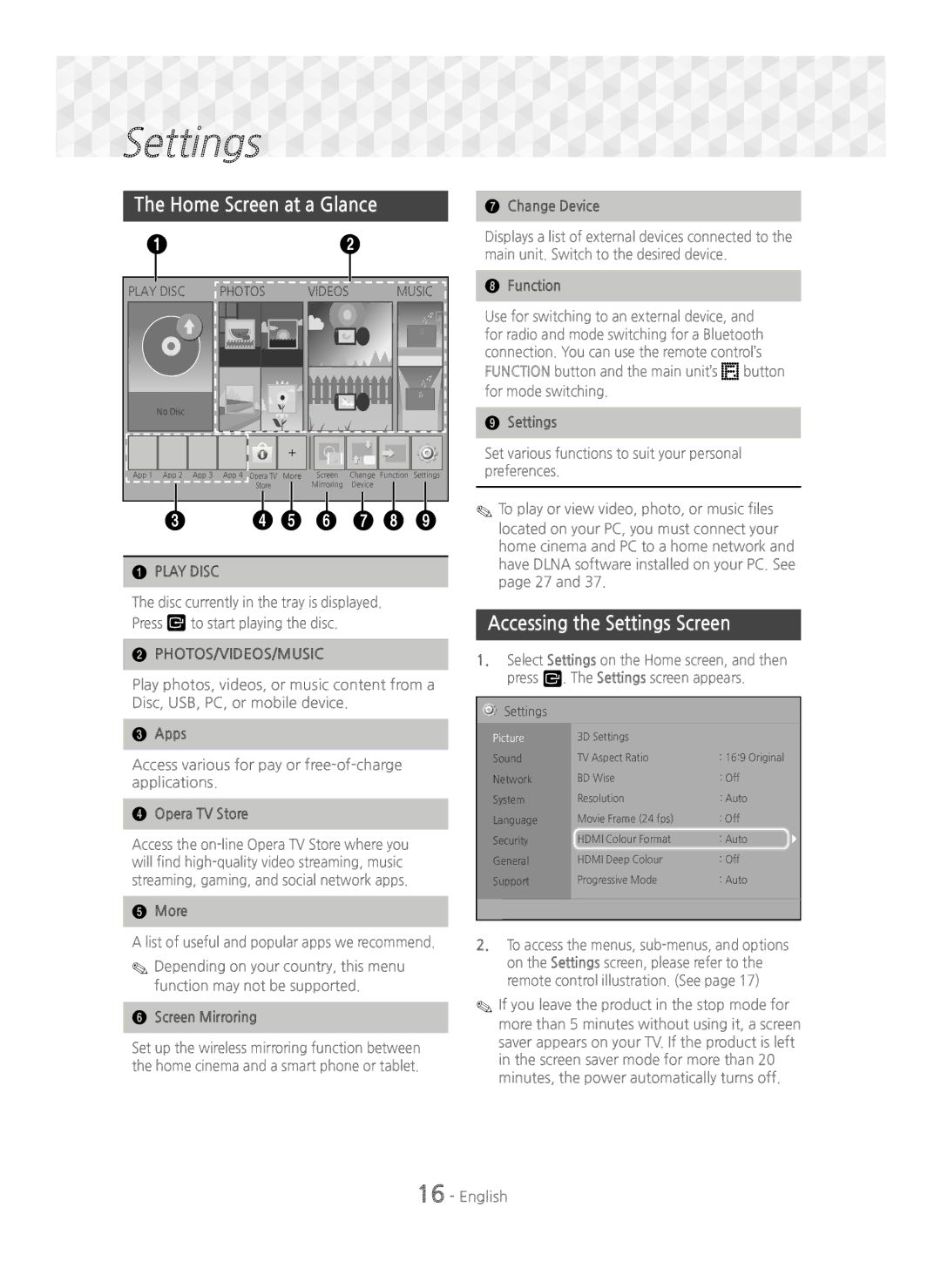 Samsung HT-J5550W/XE, HT-J5500/EN, HT-J5550W/EN, HT-J5550W/ZF manual Home Screen at a Glance, Accessing the Settings Screen 