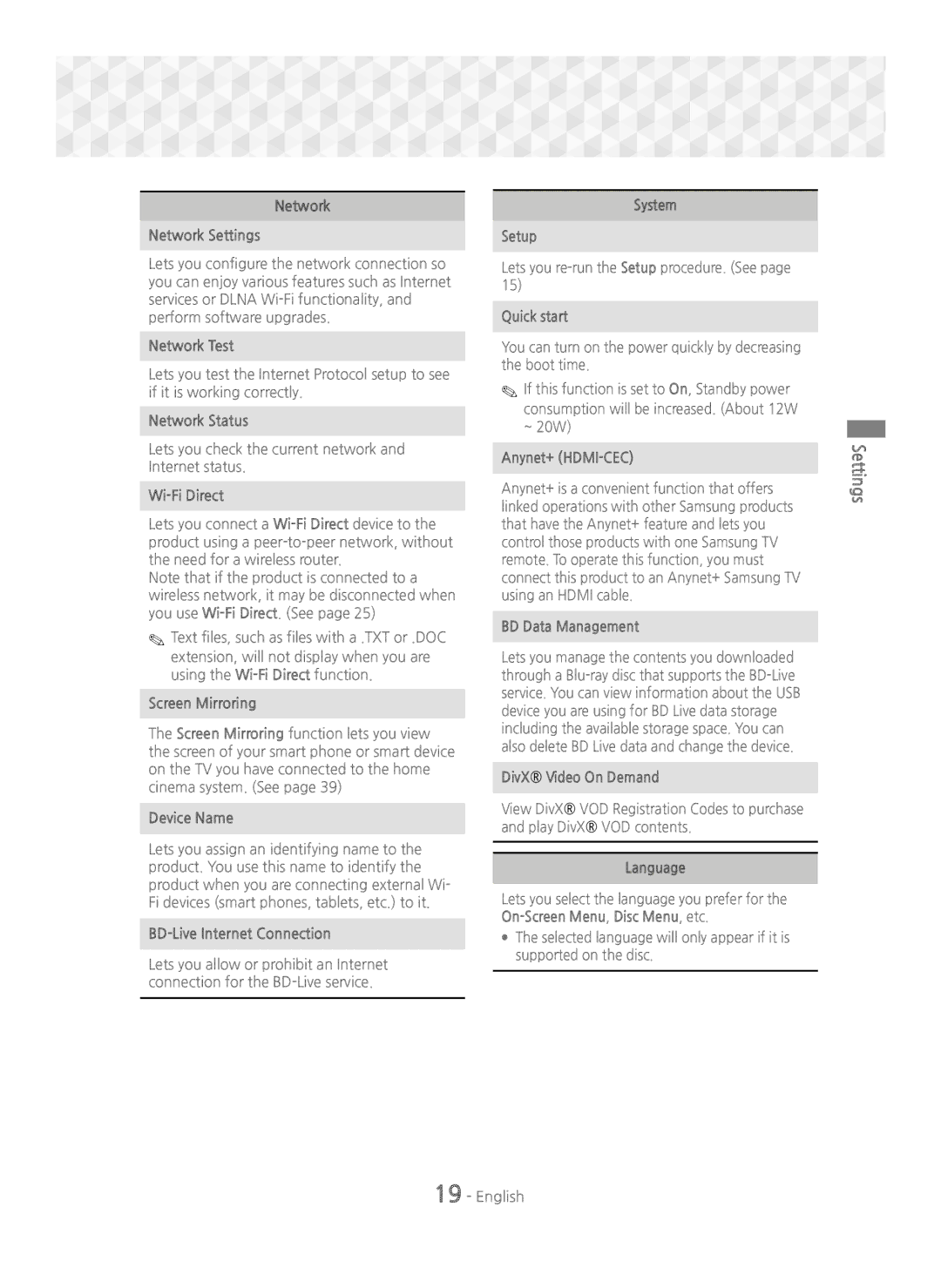 Samsung HT-J5550W/EN manual Network Network Settings, Network Test, Network Status, Wi-Fi Direct, Device Name, System Setup 