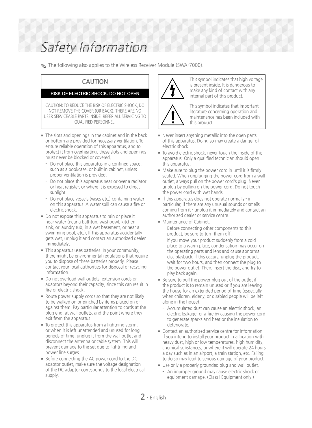 Samsung HT-J5550W/ZF, HT-J5500/EN, HT-J5550W/EN, HT-J5500/ZF, HT-J5550W/XE, HT-J5500/XE manual Safety Information, English 