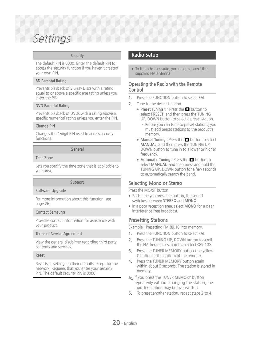 Samsung HT-J5550W/ZF, HT-J5500/EN, HT-J5550W/EN, HT-J5500/ZF manual Radio Setup, Selecting Mono or Stereo, Presetting Stations 