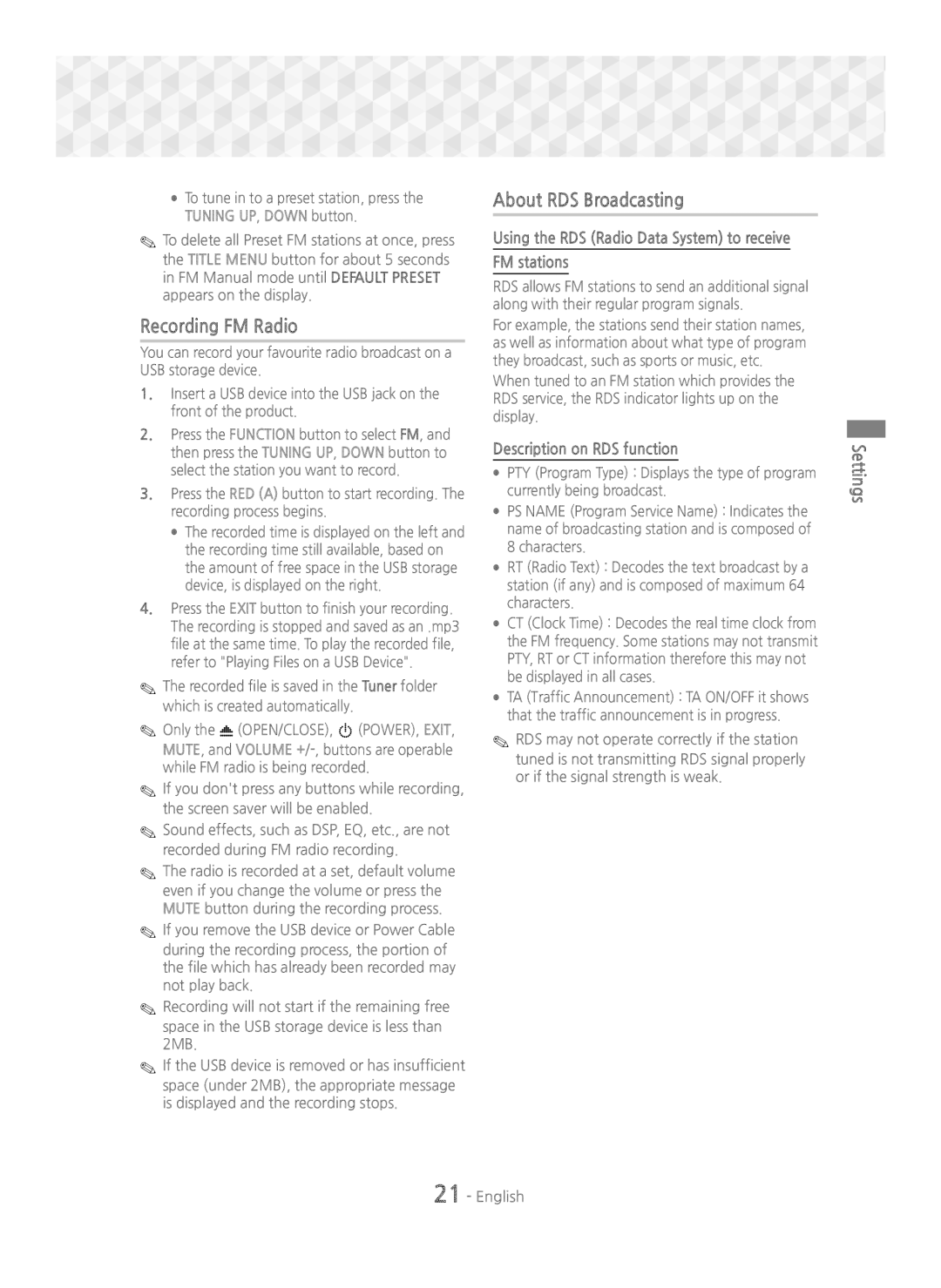 Samsung HT-J5500/ZF, HT-J5500/EN manual Recording FM Radio, About RDS Broadcasting, FM stations, Description on RDS function 