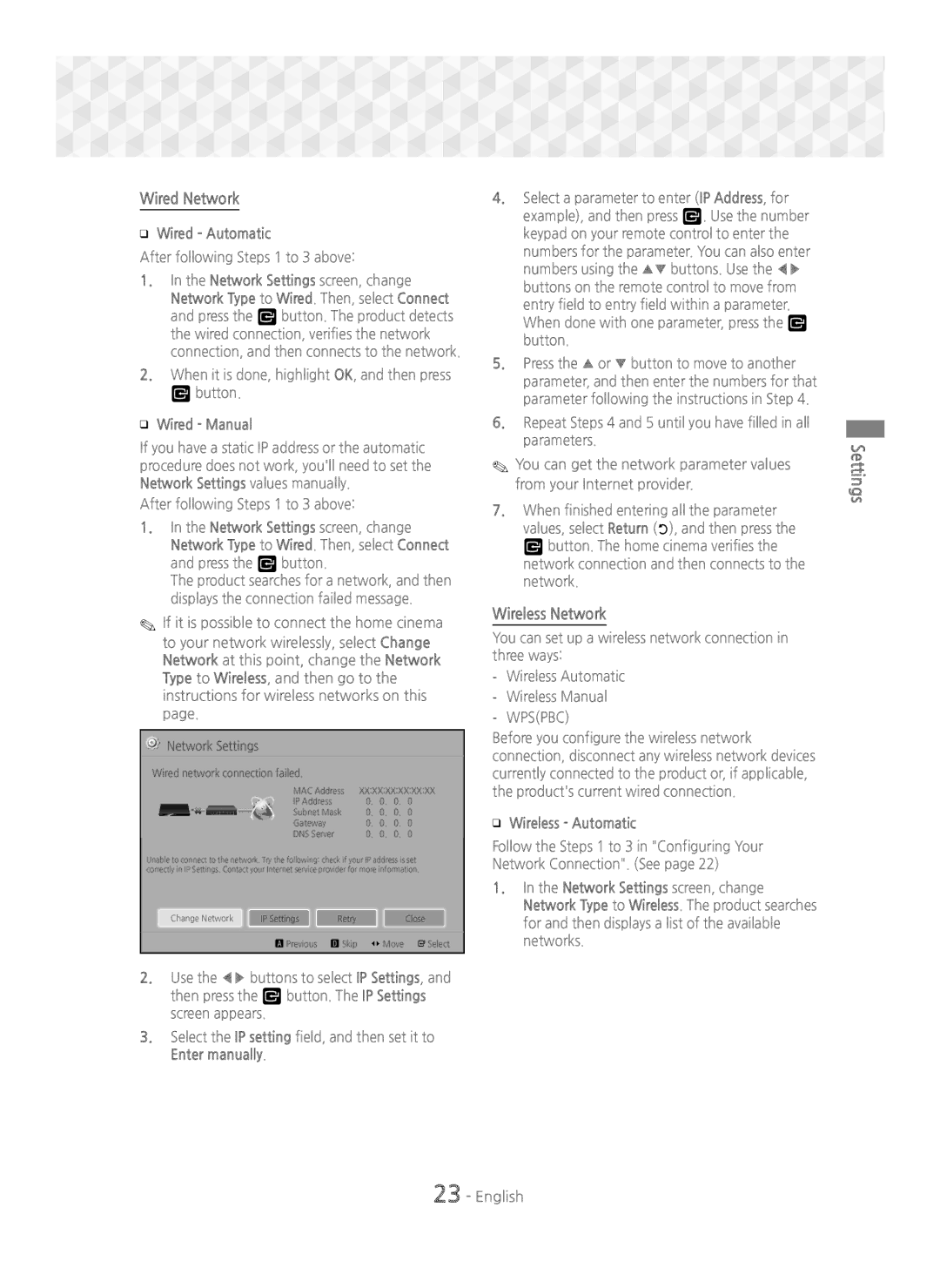 Samsung HT-J5500/XE, HT-J5500/EN manual Wired Network, Wireless Network, Wired Automatic, Wired Manual, Wireless Automatic 