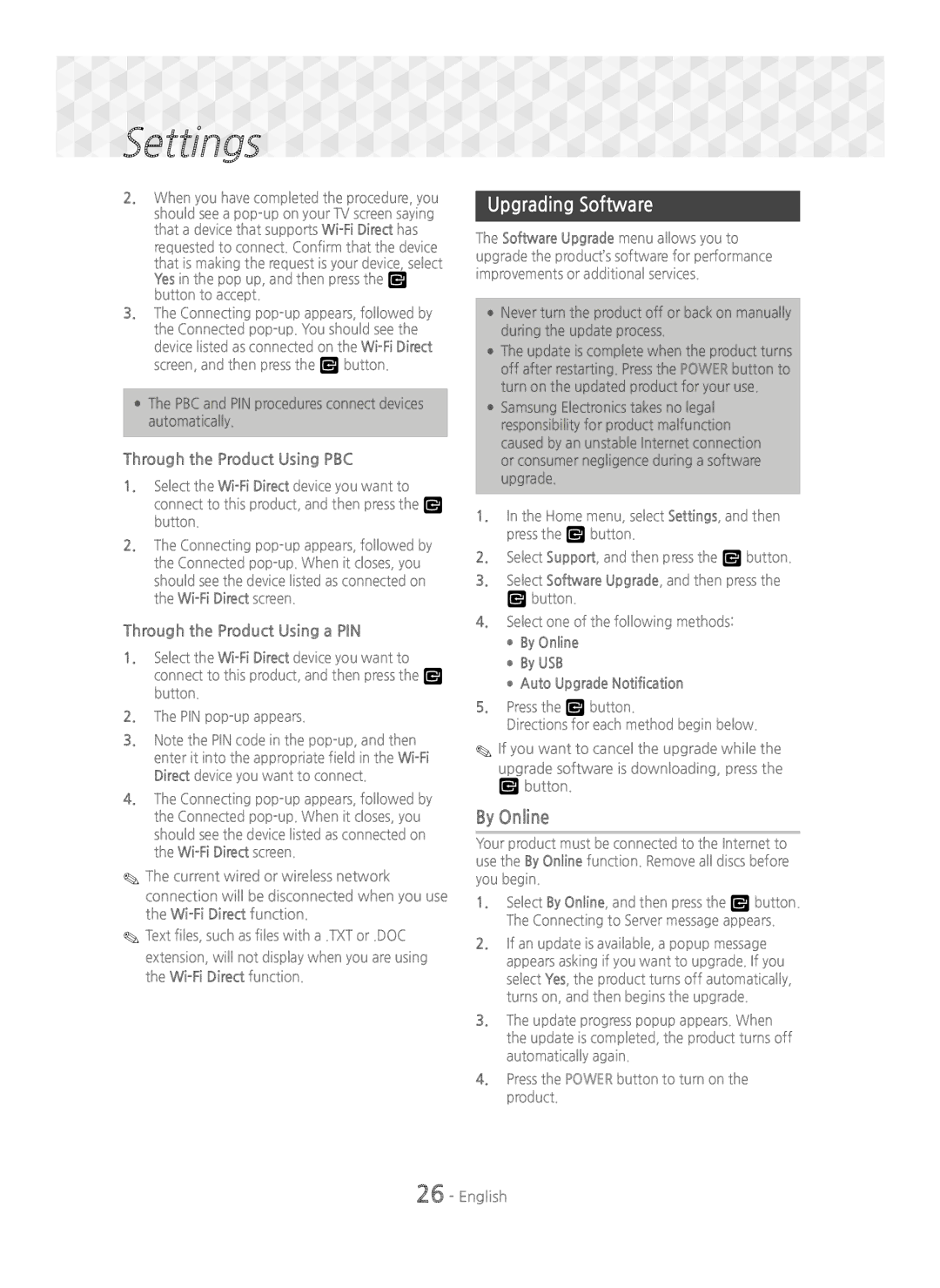 Samsung HT-J5550W/ZF manual Upgrading Software, By Online, Through the Product Using PBC, Through the Product Using a PIN 