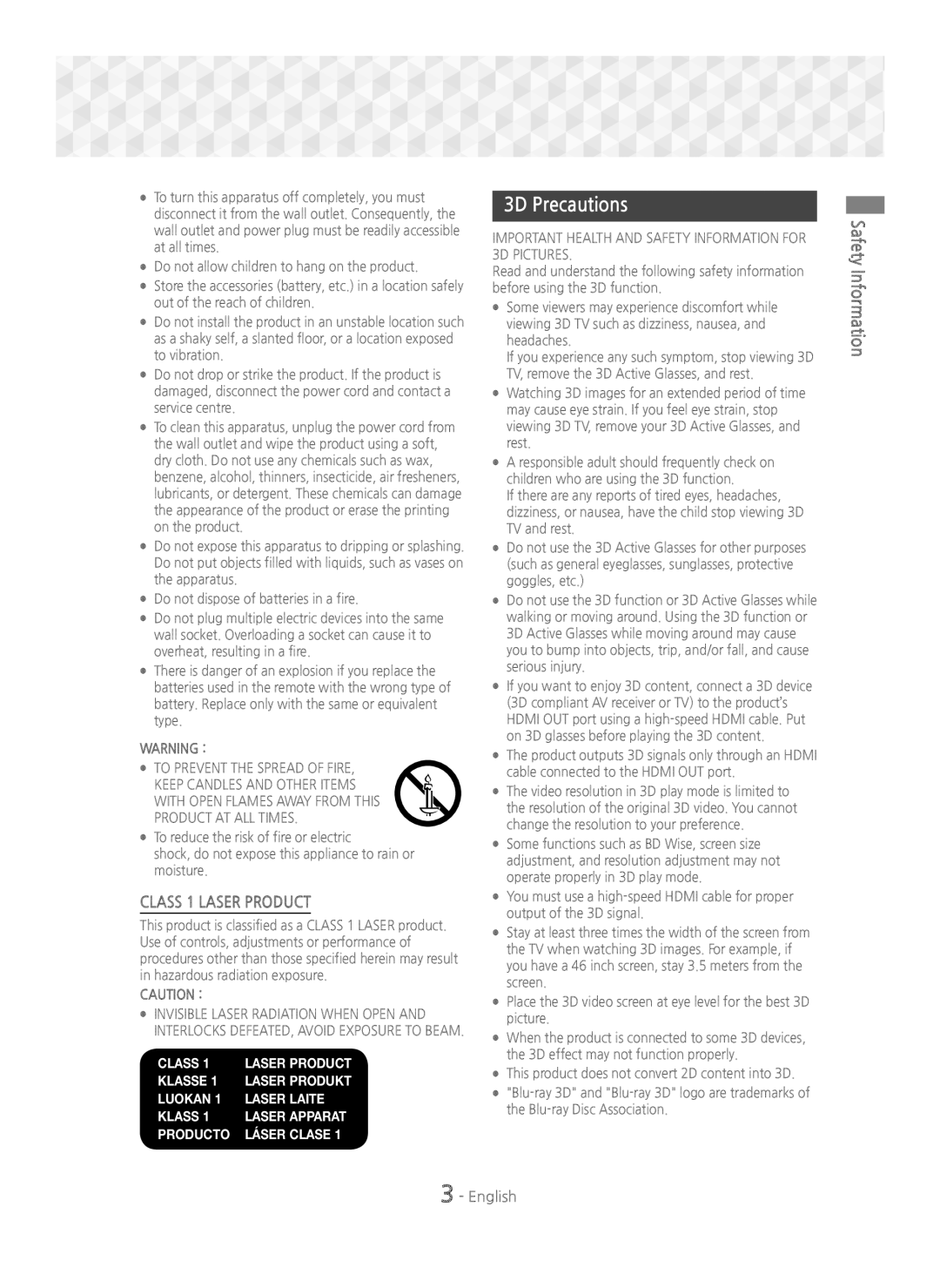 Samsung HT-J5500/ZF, HT-J5500/EN, HT-J5550W/EN, HT-J5550W/ZF, HT-J5550W/XE, HT-J5500/XE 3D Precautions, Safety Information 