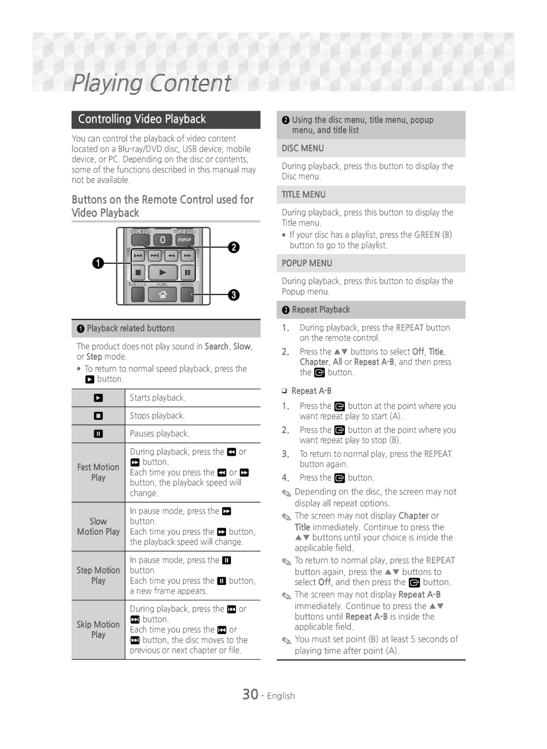 Samsung HT-J5500/EN Controlling Video Playback, Buttons on the Remote Control used for Video Playback, Repeat Playback 