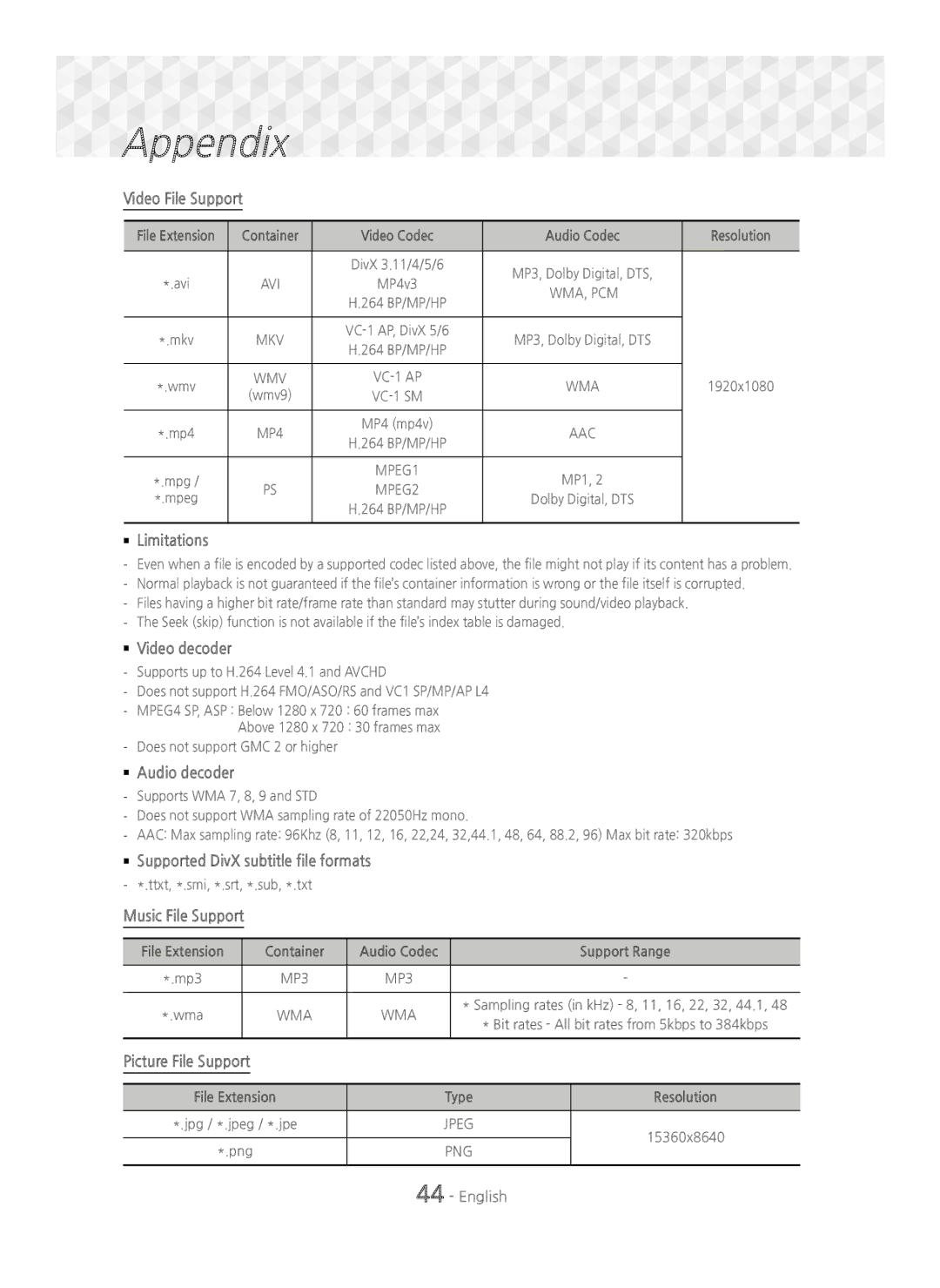 Samsung HT-J5550W/ZF, HT-J5500/EN Video File Support,  Limitations,  Video decoder,  Audio decoder, Music File Support 