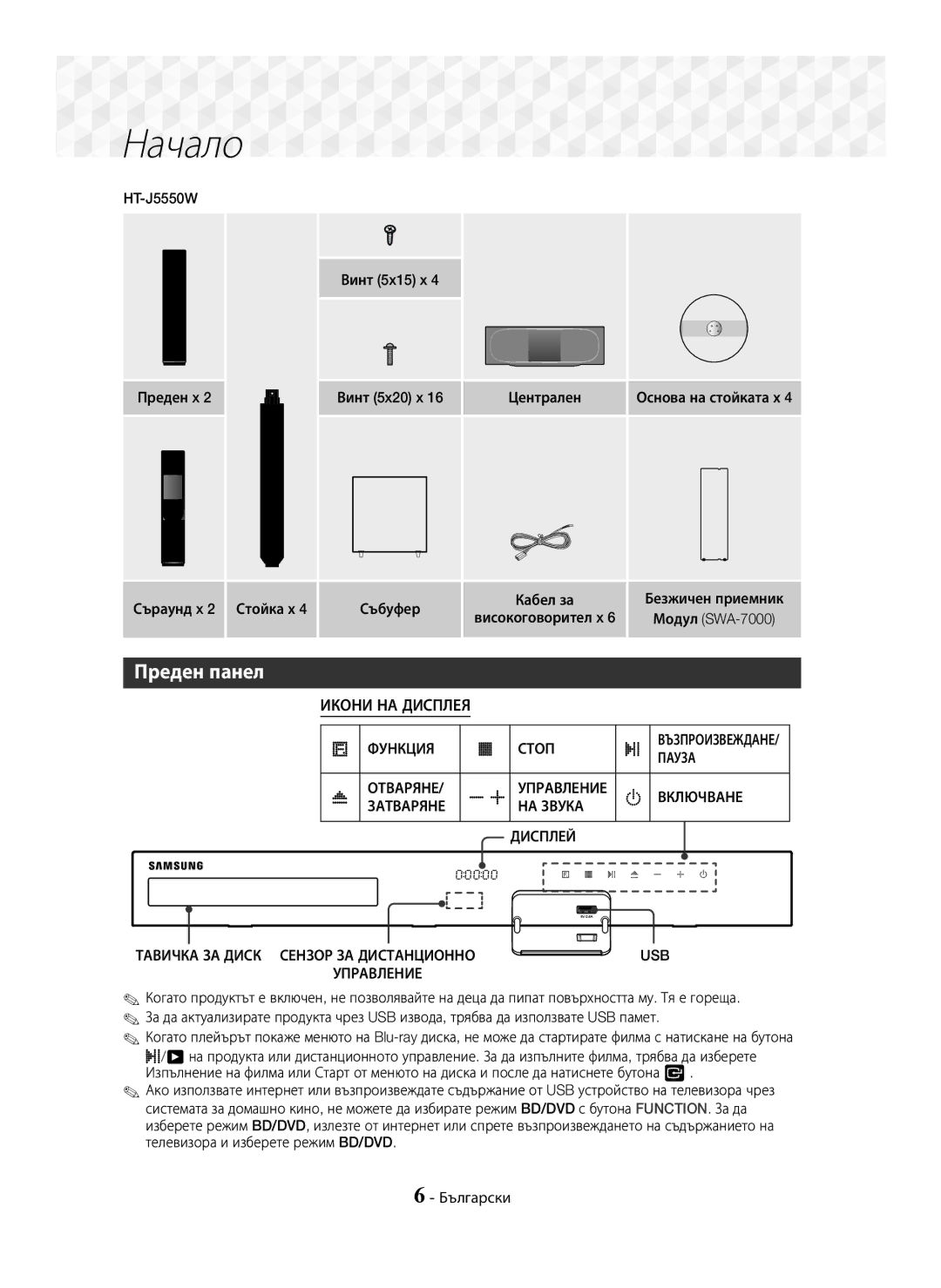 Samsung HT-J5500/EN, HT-J5550W/EN manual Преден панел 