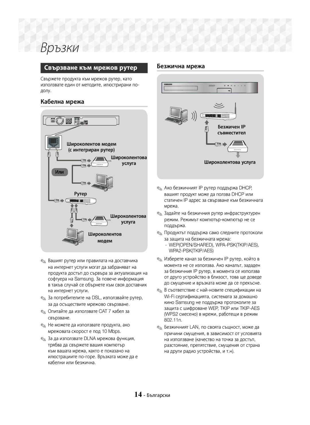 Samsung HT-J5500/EN manual Свързване към мрежов рутер Безжична мрежа, Кабелна мрежа, Широколентова Услуга Или Рутер Модем 