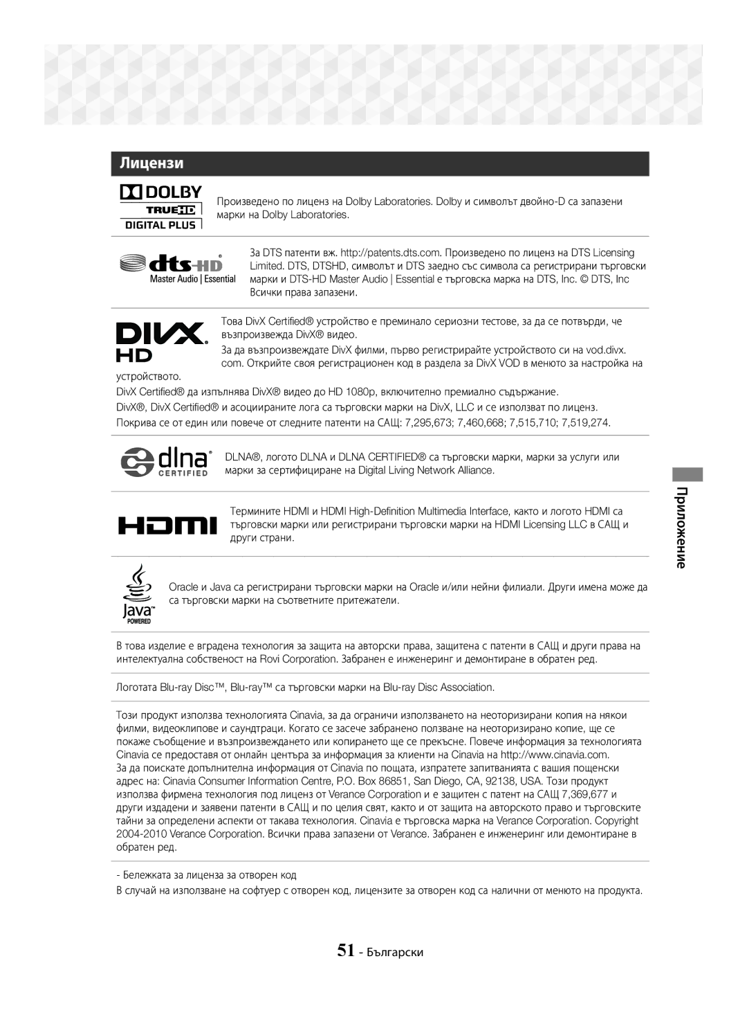 Samsung HT-J5550W/EN, HT-J5500/EN manual Лицензи, 51 Български 