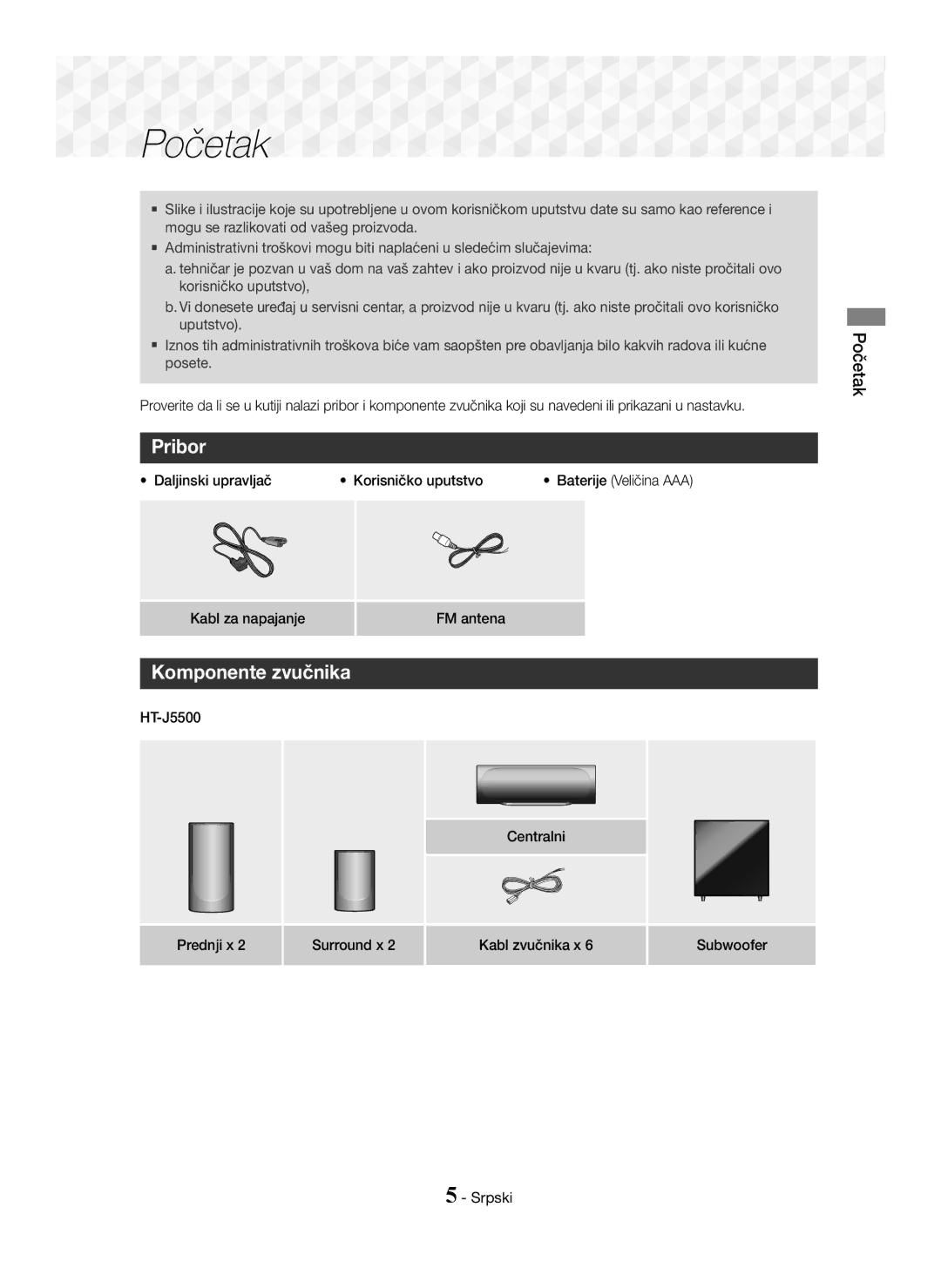 Samsung HT-J5550W/EN, HT-J5500/EN manual Pribor, Komponente zvučnika, Početak, Daljinski upravljač Korisničko uputstvo 