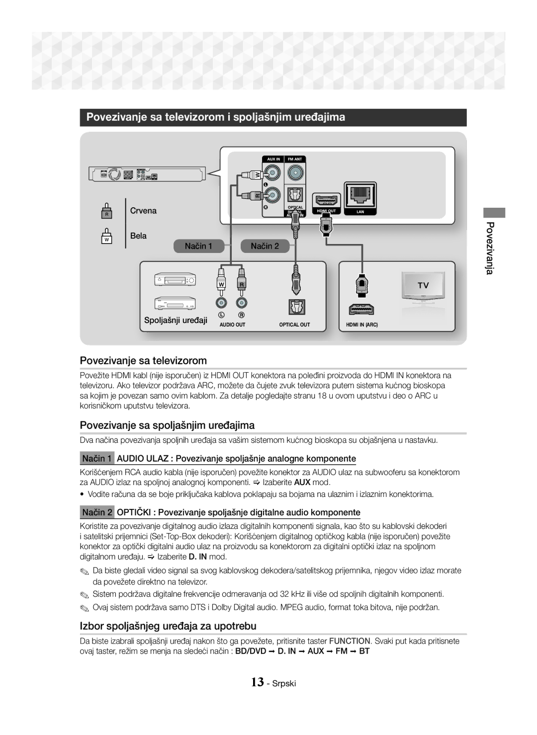 Samsung HT-J5550W/EN, HT-J5500/EN Povezivanje sa televizorom i spoljašnjim uređajima, Povezivanje sa spoljašnjim uređajima 