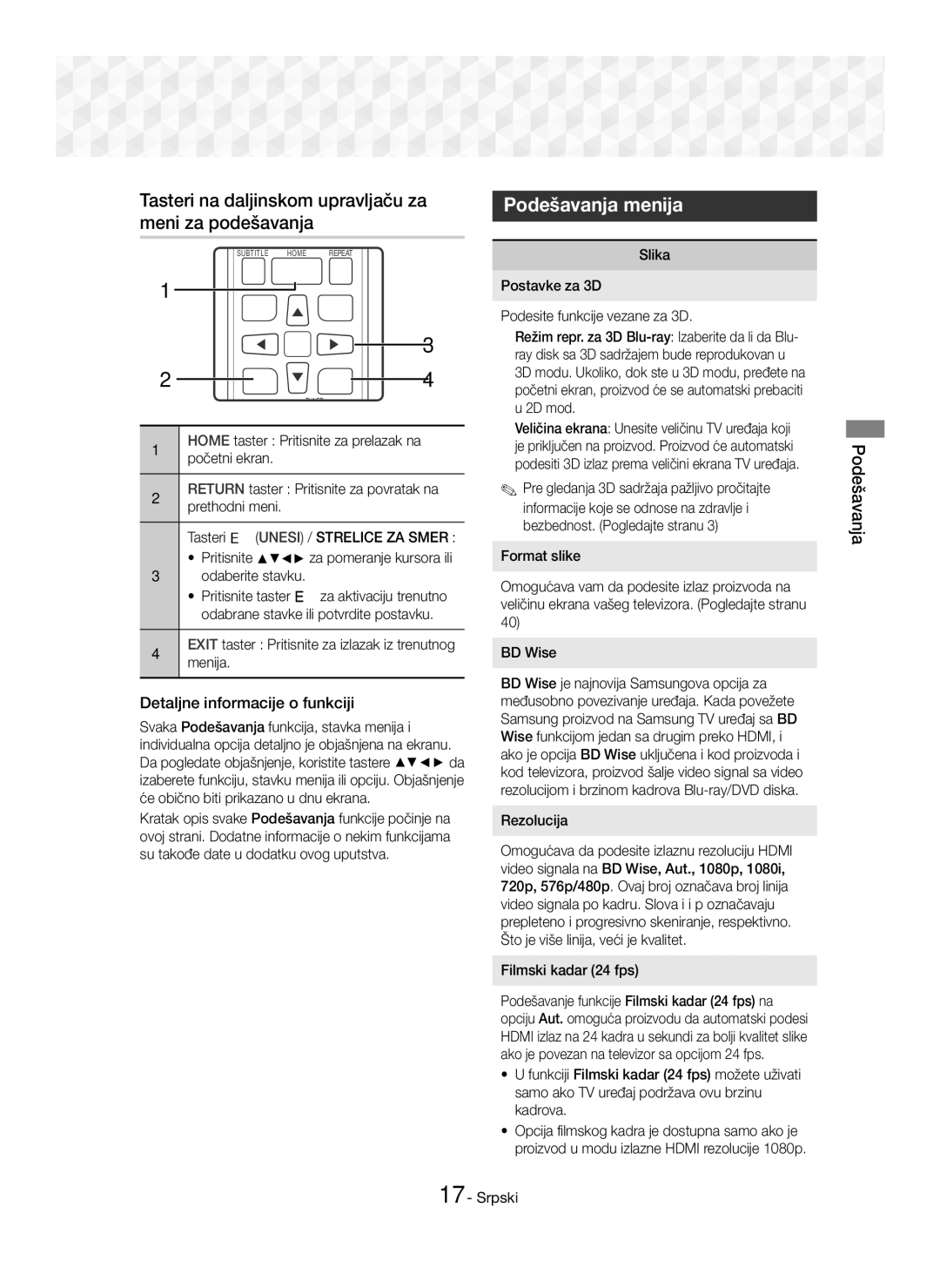 Samsung HT-J5550W/EN, HT-J5500/EN manual Tasteri na daljinskom upravljaču za meni za podešavanja, Podešavanja menija 