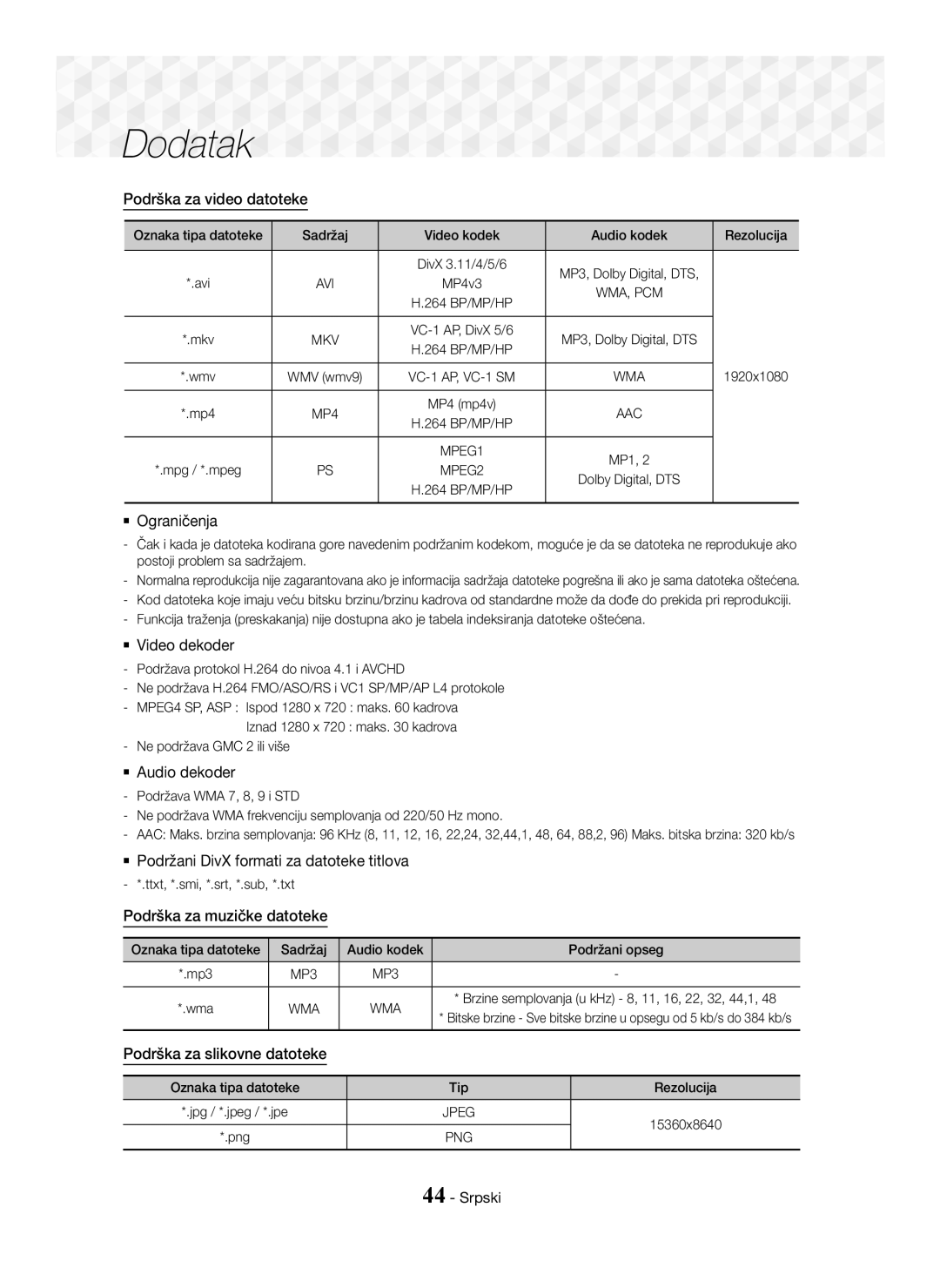 Samsung HT-J5500/EN, HT-J5550W/EN manual Podrška za video datoteke,  Ograničenja,  Video dekoder,  Audio dekoder 