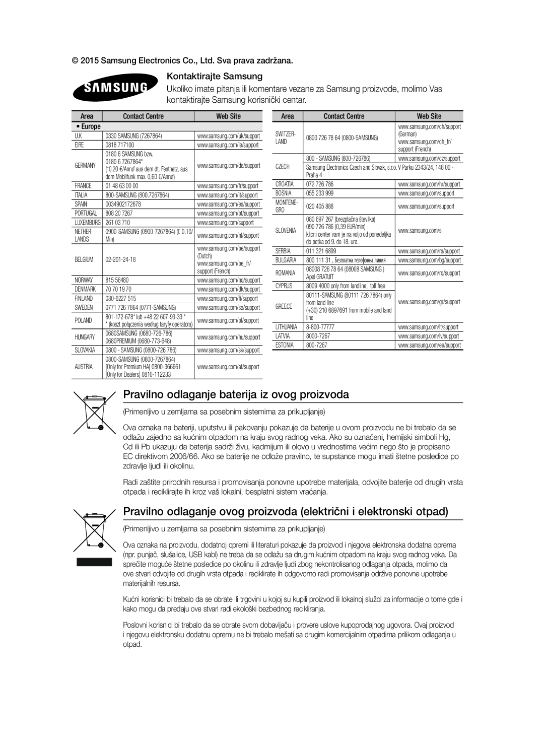 Samsung HT-J5500/EN, HT-J5550W/EN manual Pravilno odlaganje baterija iz ovog proizvoda 