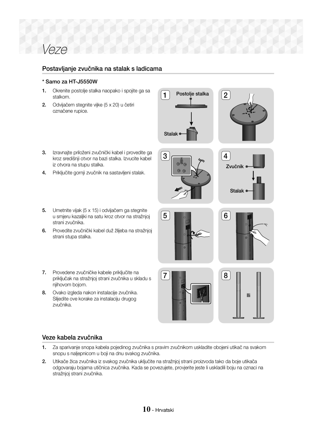 Samsung HT-J5500/EN, HT-J5550W/EN Postavljanje zvučnika na stalak s ladicama, Veze kabela zvučnika, Samo za HT-J5550W 