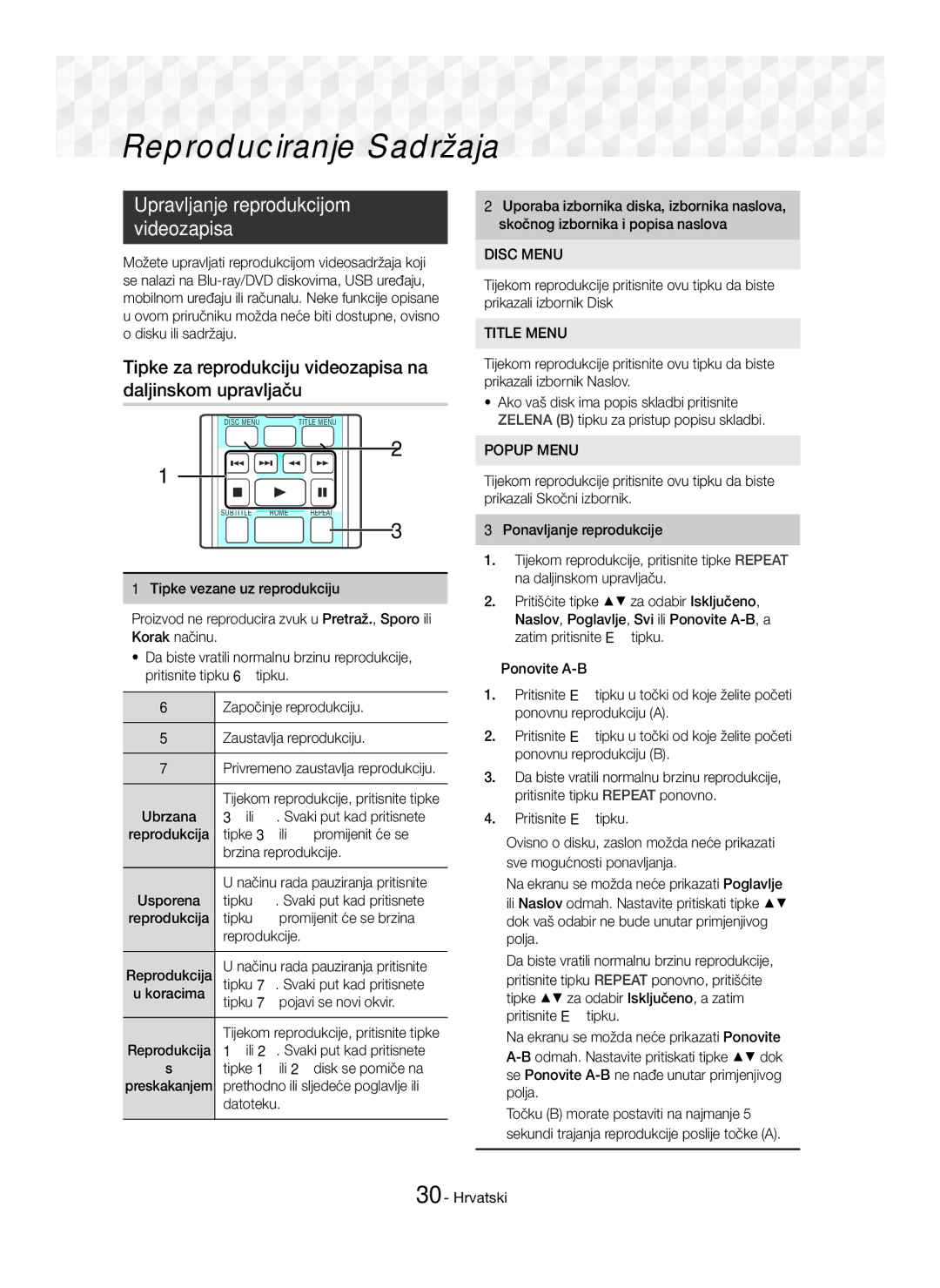 Samsung HT-J5500/EN, HT-J5550W/EN manual Reproduciranje Sadržaja, Upravljanje reprodukcijom Videozapisa 