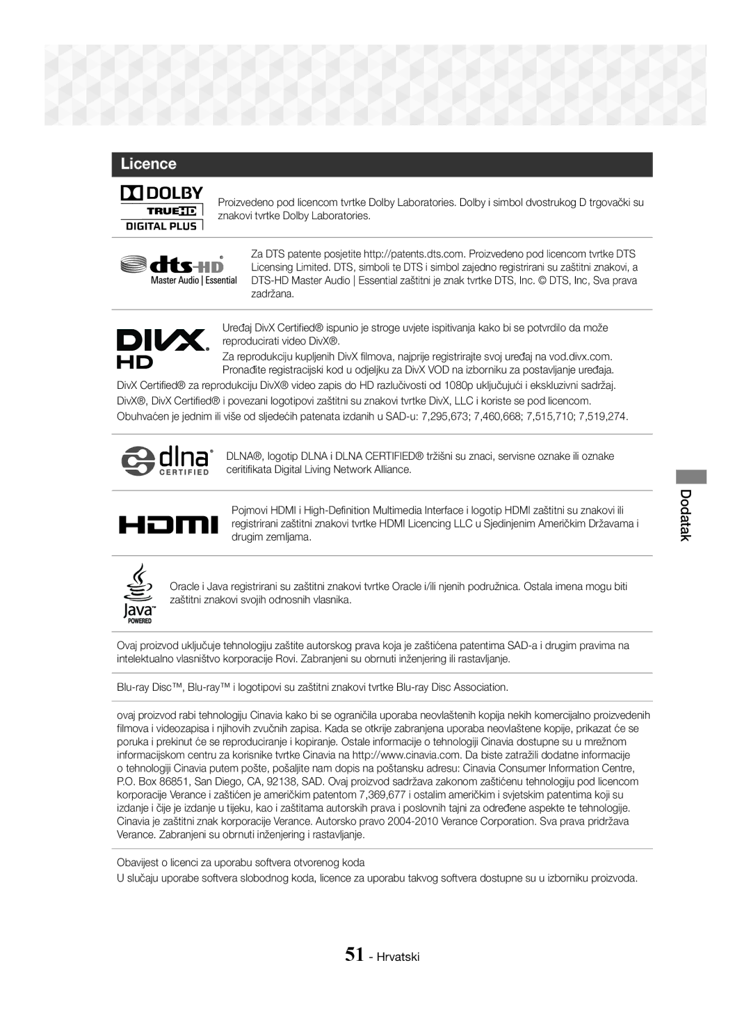 Samsung HT-J5550W/EN, HT-J5500/EN manual Licence, Obavijest o licenci za uporabu softvera otvorenog koda 