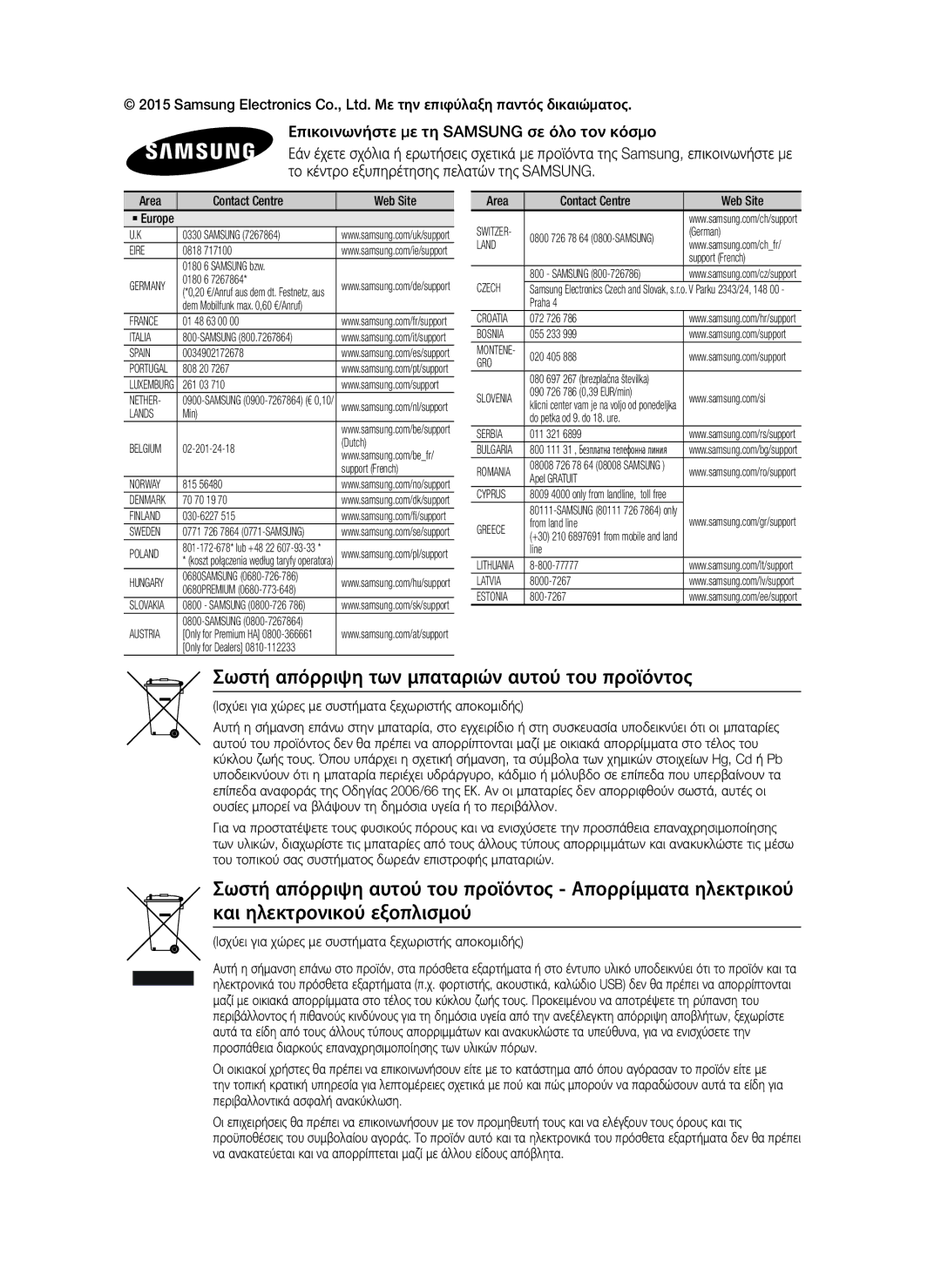 Samsung HT-J5500/EN, HT-J5550W/EN manual Σωστή απόρριψη των μπαταριών αυτού του προϊόντος, Area Contact Centre  Web Site 