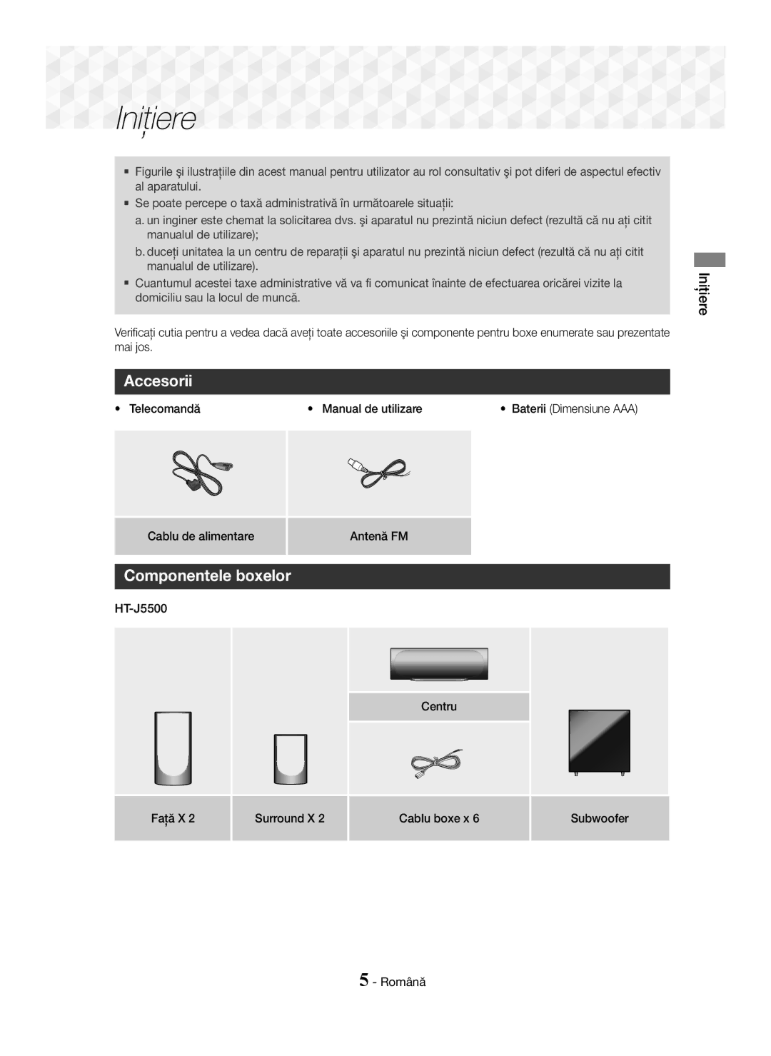 Samsung HT-J5550W/EN, HT-J5500/EN manual Iniţiere, Accesorii, Componentele boxelor 