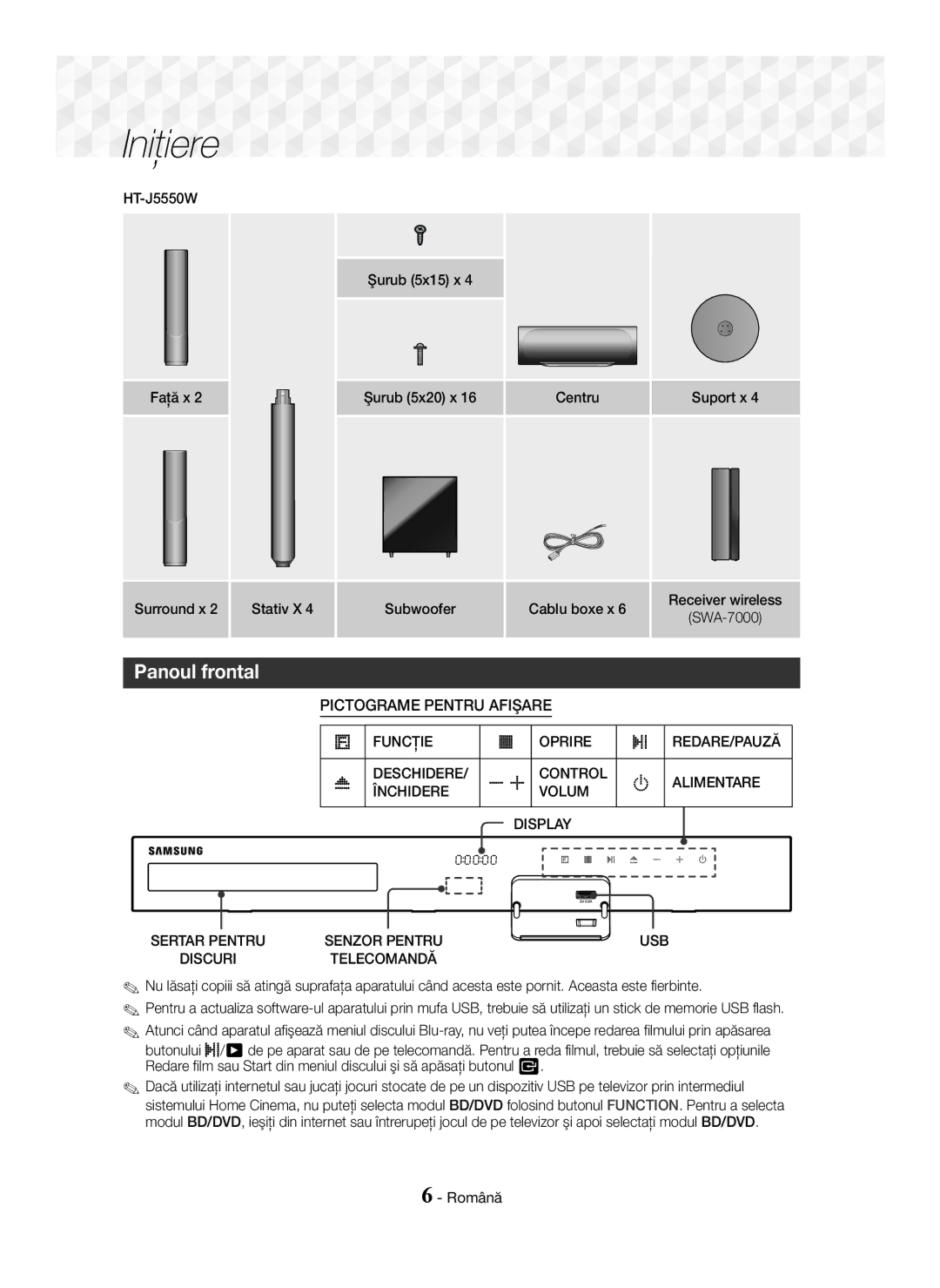 Samsung HT-J5500/EN, HT-J5550W/EN manual Panoul frontal, Surround x Stativ X, Senzor Pentru USB, Telecomandă 